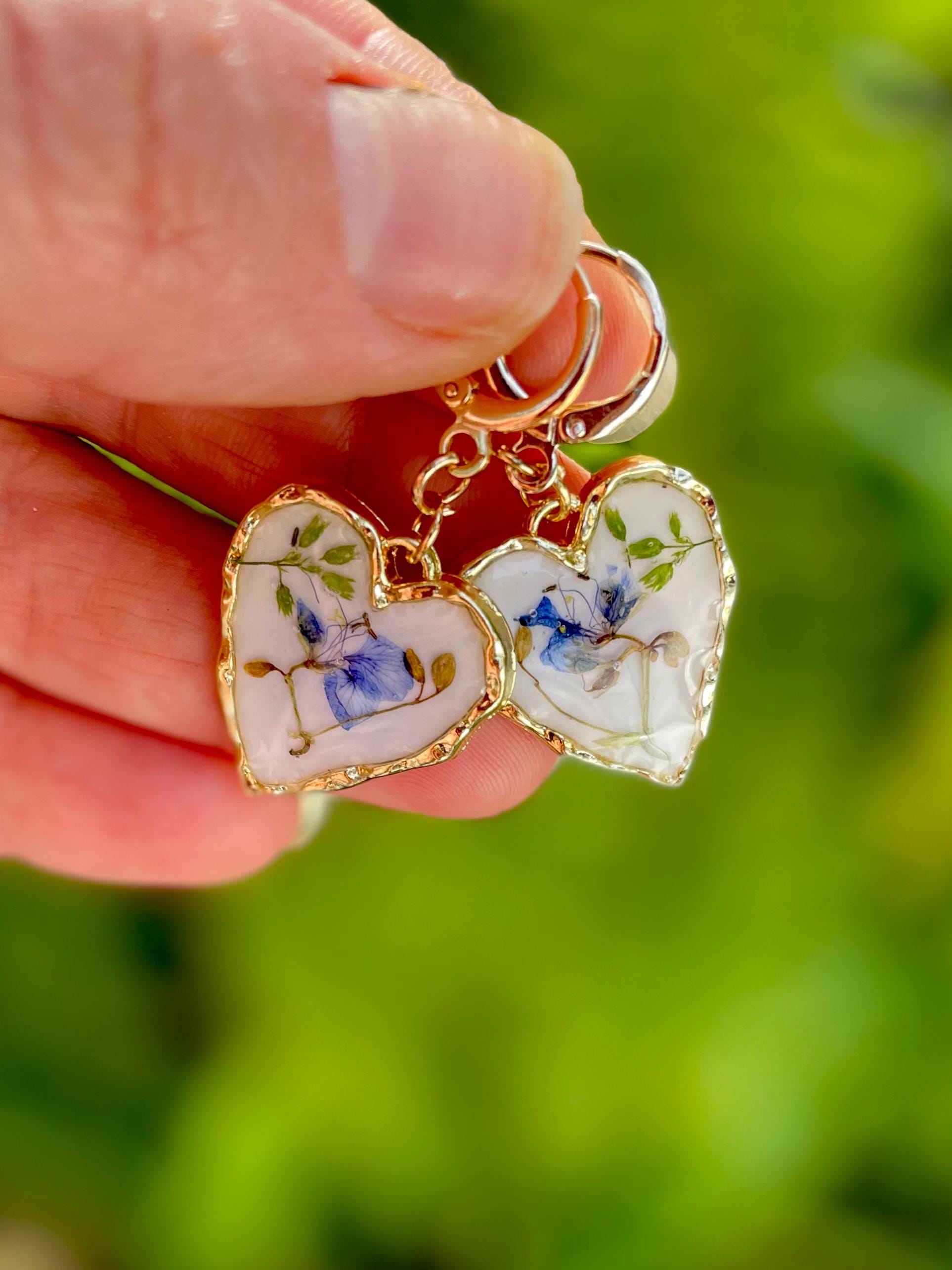 14k Gold Earrings Heart: Porcelain Like Huggie Earrings, Real Blue Flowers