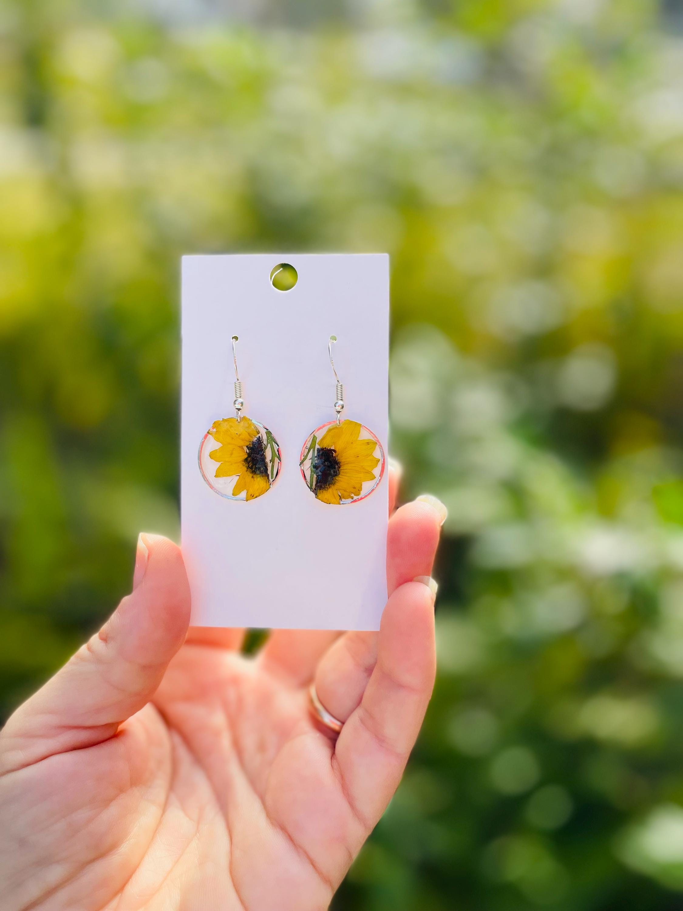 Real Pressed Sunflower Earrings: Sterling Silver Dangle Resin Jewelry