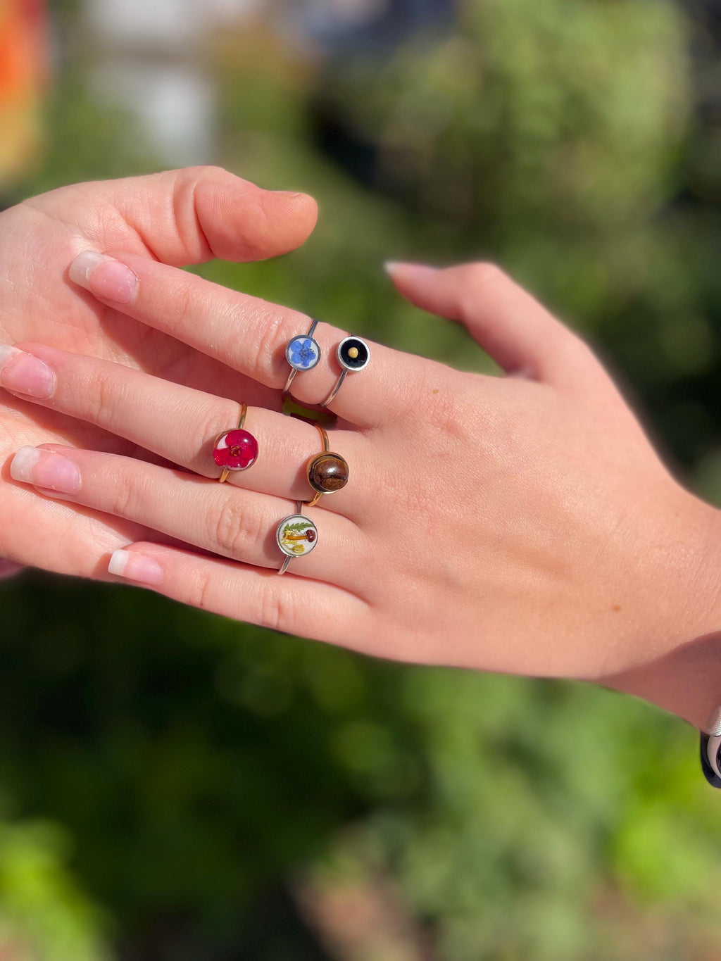 Handmade Adjustable Ring: Coffee Bean, Mushroom, Wildflower, Mustard Seed