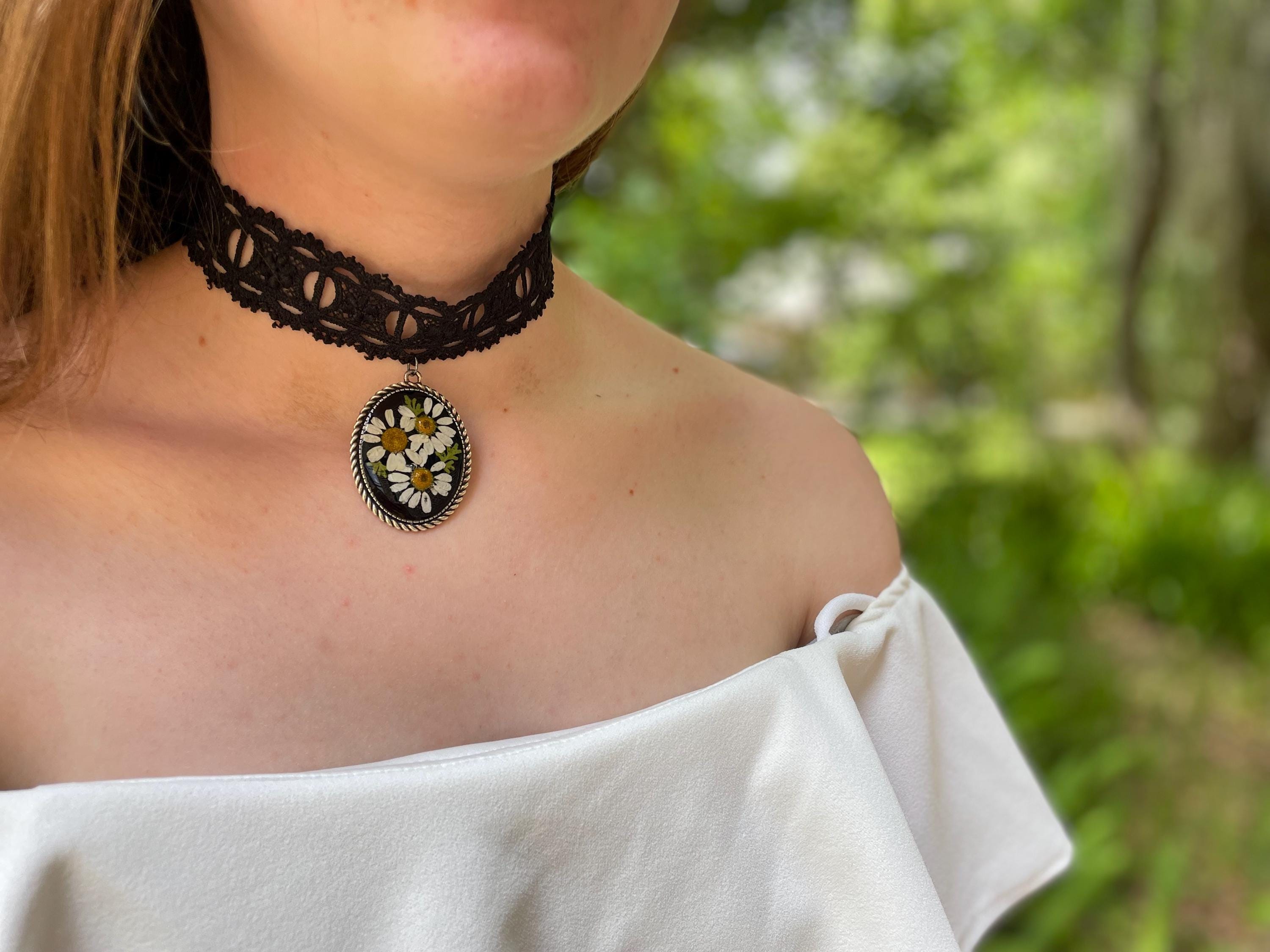 Whimsigoth Black Lace Choker: April Birth Flower Daisy Pendant, Gothic Collar