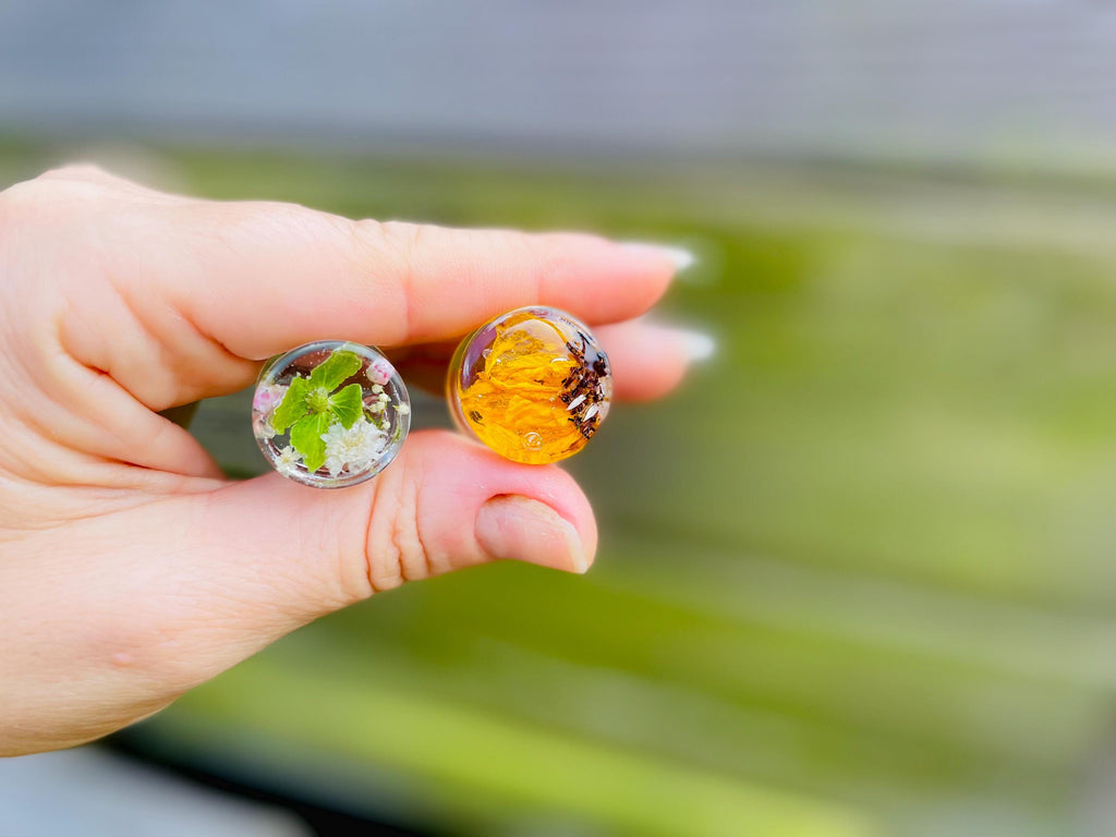 Real Sunflower Ear Plugs: Yellow Double Flared Gauges | Custom Birth Month Flower Nature Resin Plug Piercing