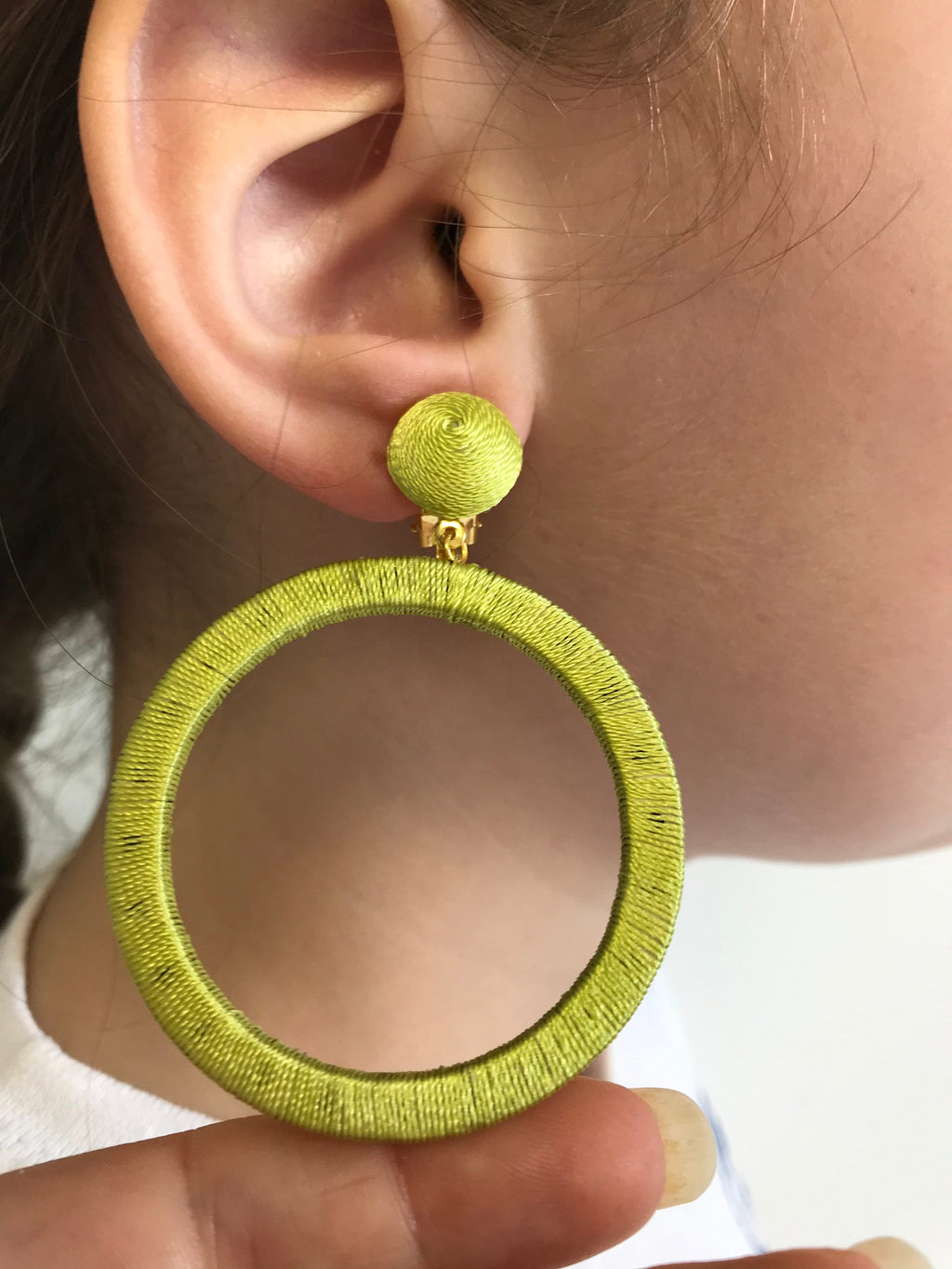 Chartreuse green Oversize hoop earrings, big hoops clip on, statement laser cut wooden studs, trendy fashion jewelry, olive green earrings