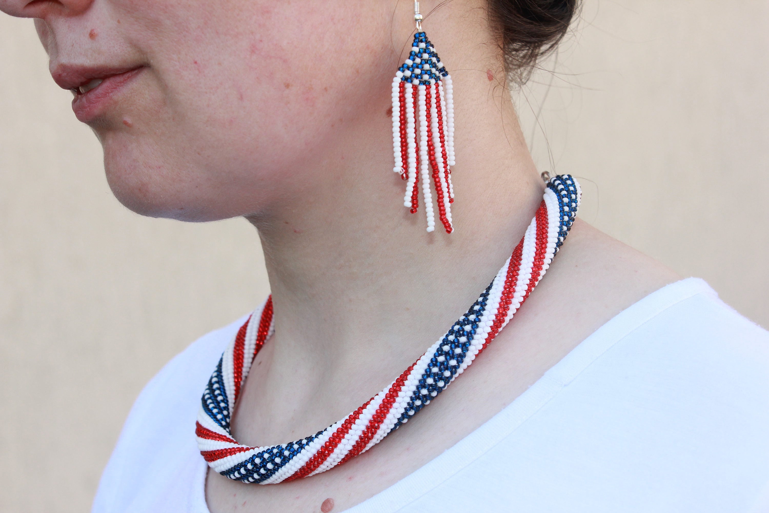 4th July jewelry birthday gifts for grandma mom, american flag necklace, patriotic jewelry, labor Day sale, patriotic beaded choker for wife