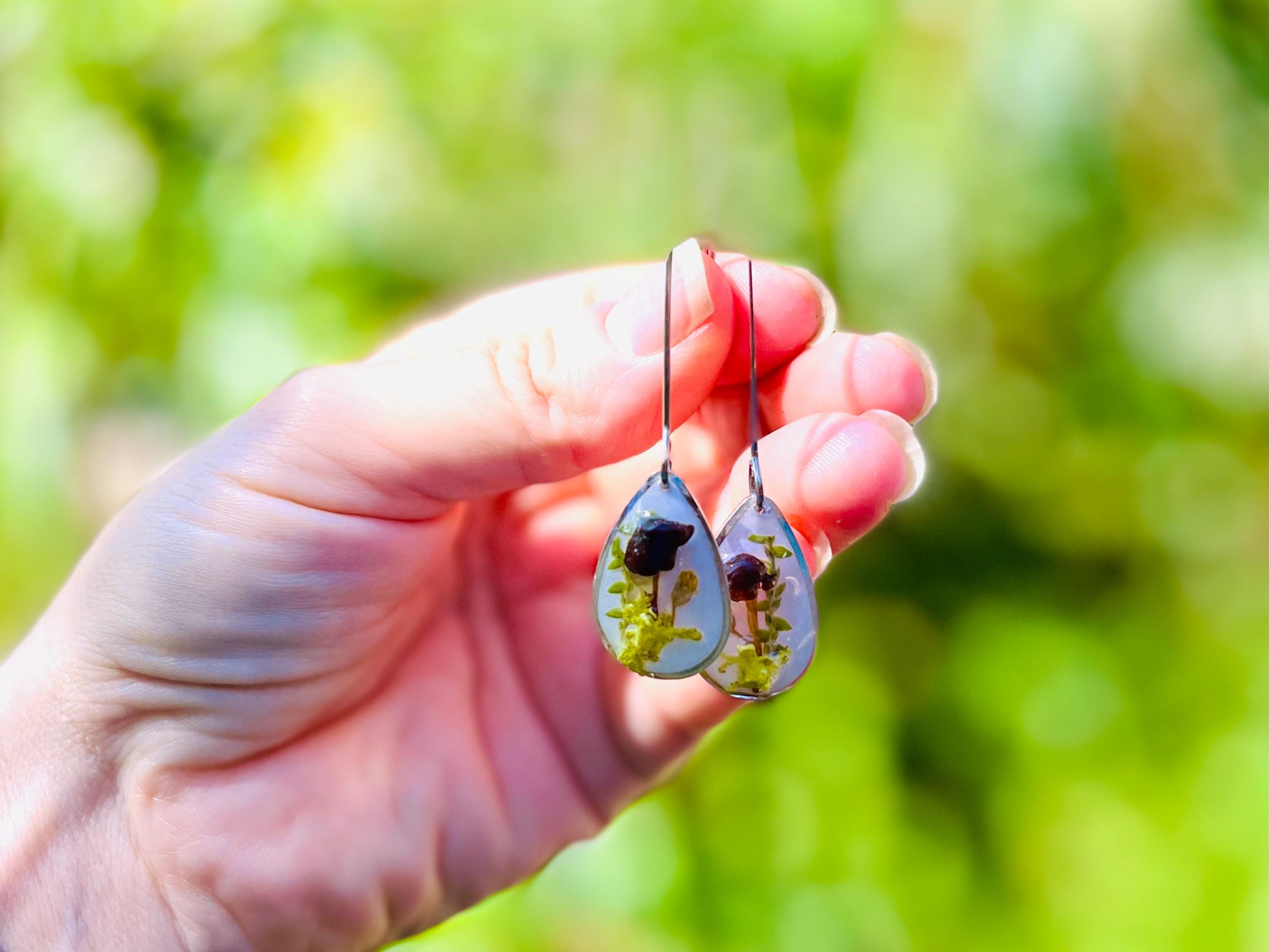 Real Mushroom Moss Dangle Earrings: Sterling Silver Threader, Woodland Fairy Jewelry