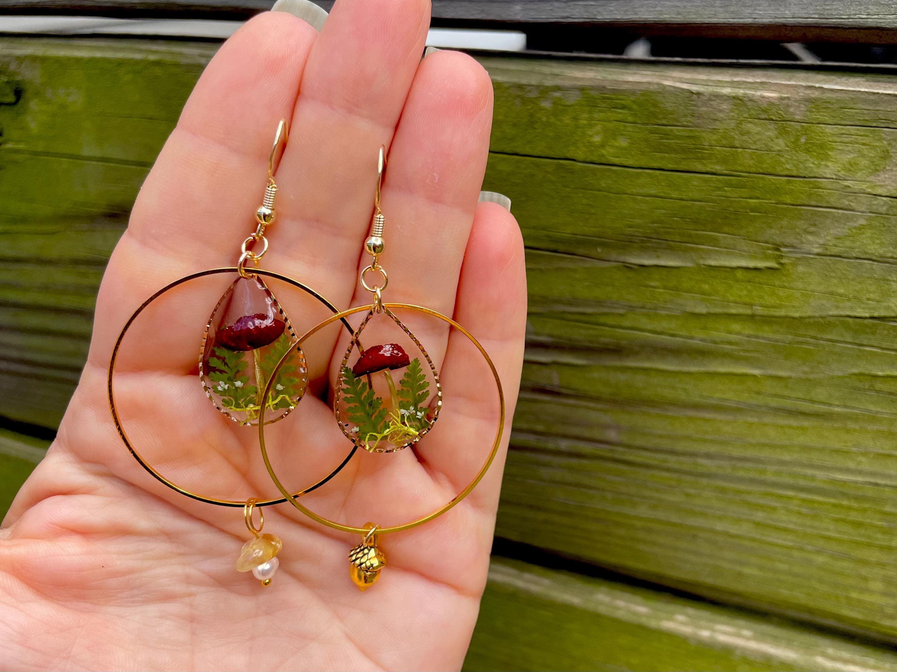 14K Gold Mushroom Terrarium Earrings Chandelier Hoops: Pearl, Acorn Charm, Personalized Birthstone