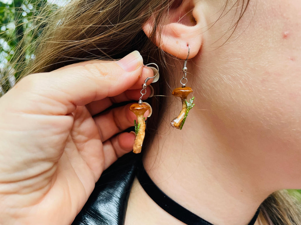 Minimalist Real Mushroom earrings resin for men women unique Whimsigoth gift for her best friend Real Mushroom Pendant Gift for boyfriend