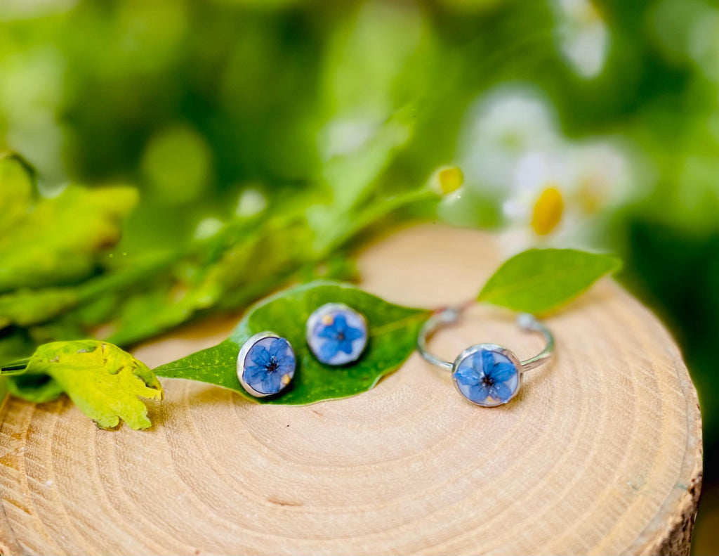 Forget Me Not Stud Earrings: Real Pressed Flower Resin Jewelry Set