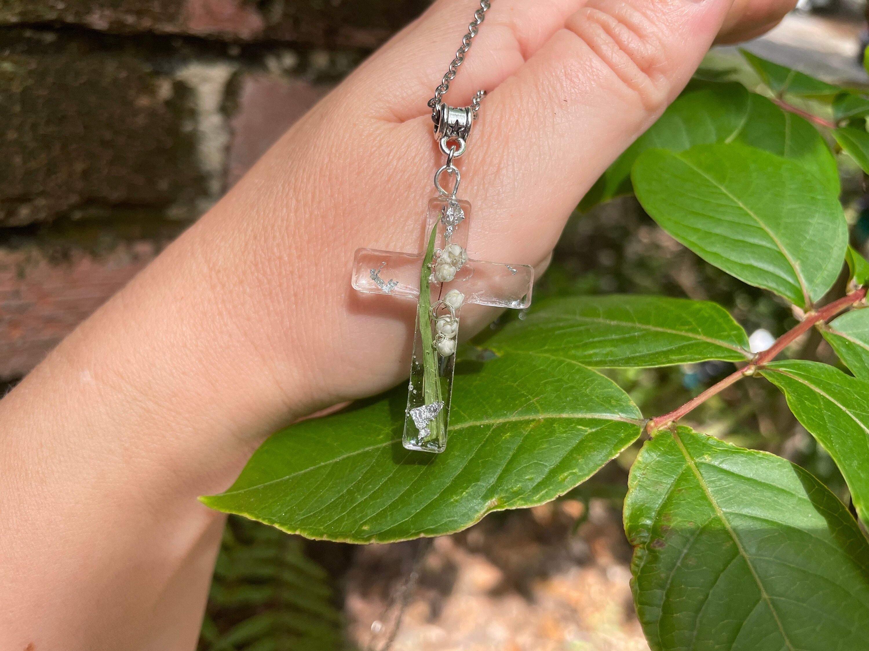 Personalized Birth Flower Lily of the Valley Cross Necklace: Custom Birthstone & Flower Pendant