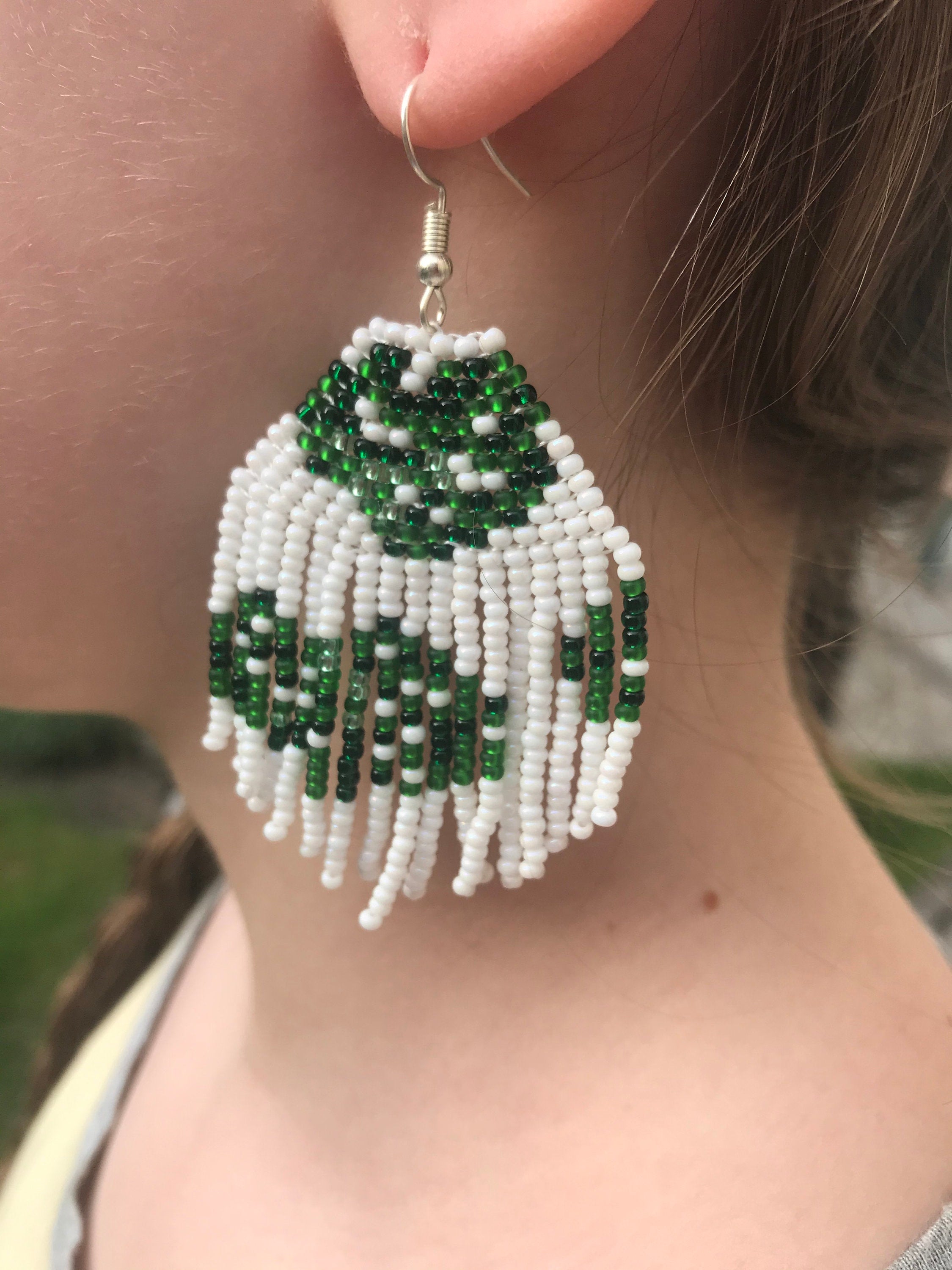 Monstera leaf earrings, native American jewelry, native beaded earrings, beaded fringe earrings, Bohemian Wedding Earrings, girlfriend gift