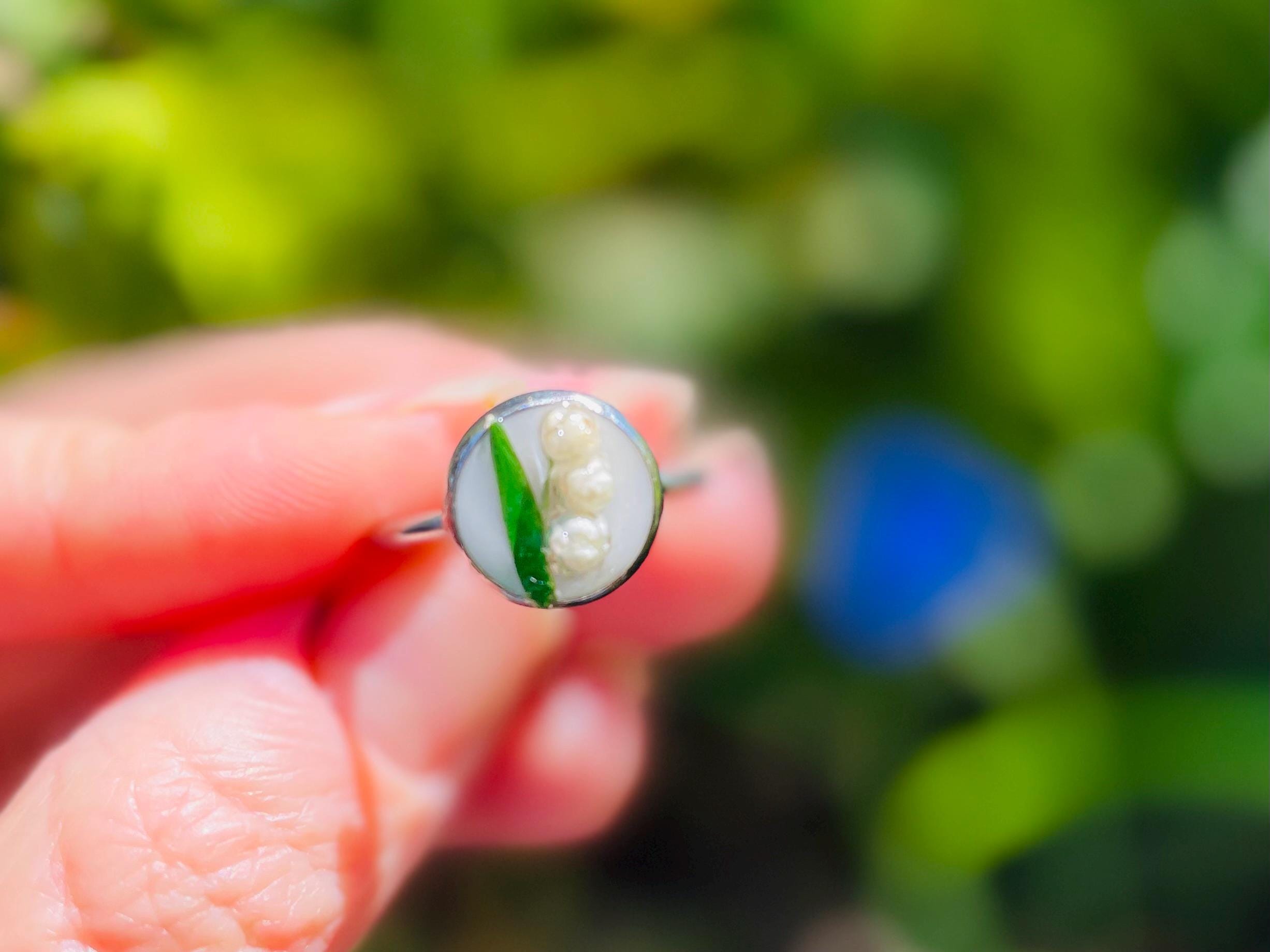 Personalized Lily of the Valley Pressed Flower Ring: Adjustable Silver May Birth Flower Jewelry