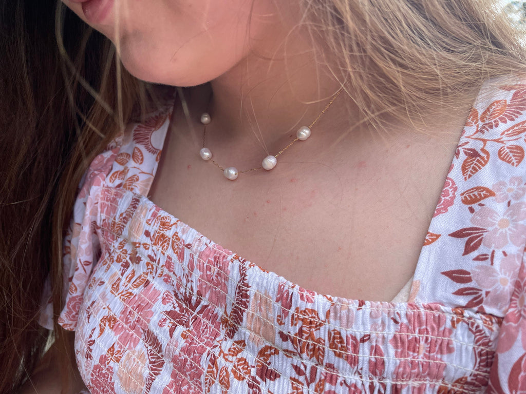 Beaded 8-10 mm Baroque Pearl Station Necklace Bridesmaids Gifts Dainty Chain Layering Necklace Birthday Gift for Her Mom wife Bridal Jewelry