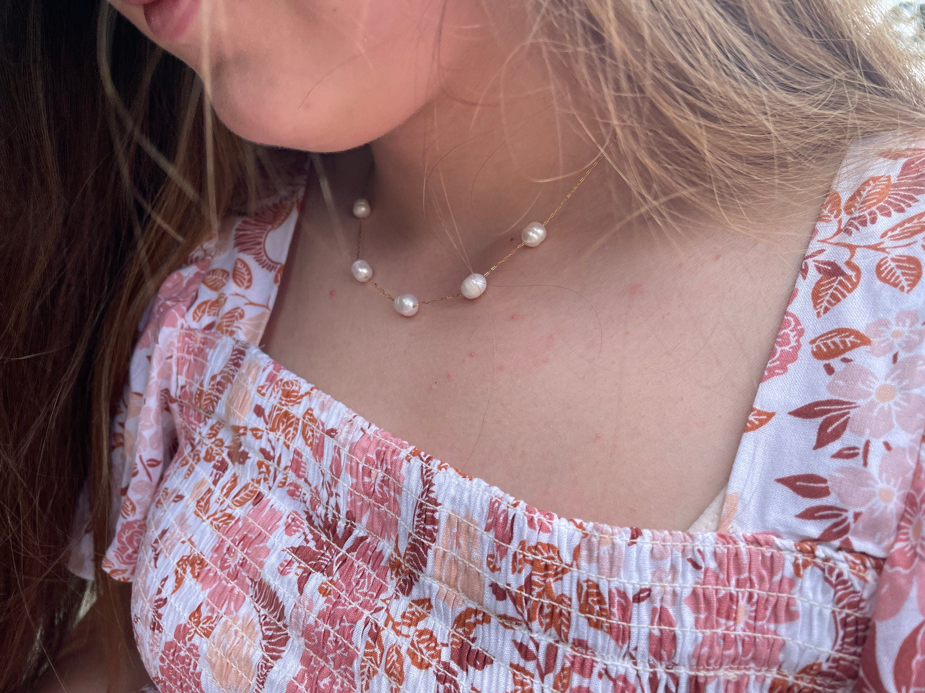 Beaded 8-10 mm Baroque Pearl Station Necklace Bridesmaids Gifts Dainty Chain Layering Necklace Birthday Gift for Her Mom wife Bridal Jewelry