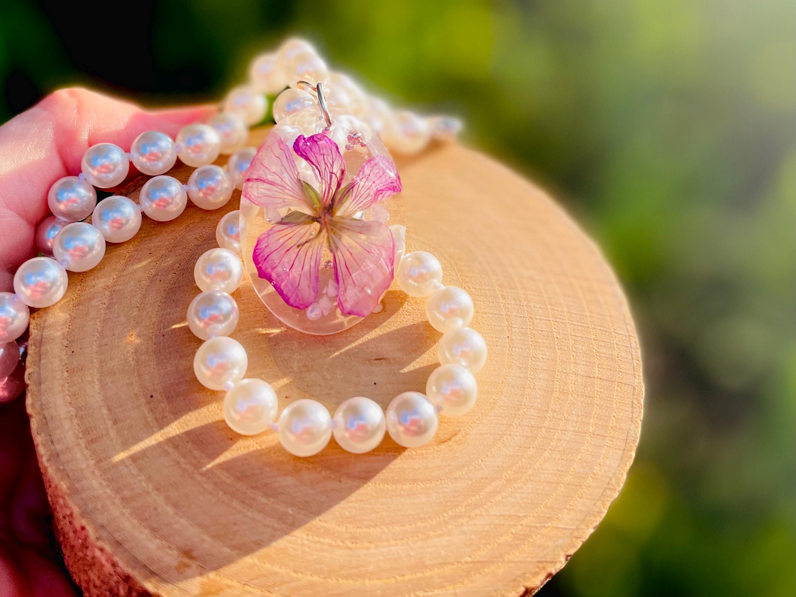 March Birth Flower Pearl Necklace: Cherry Blossom Rose Quartz Pendant
