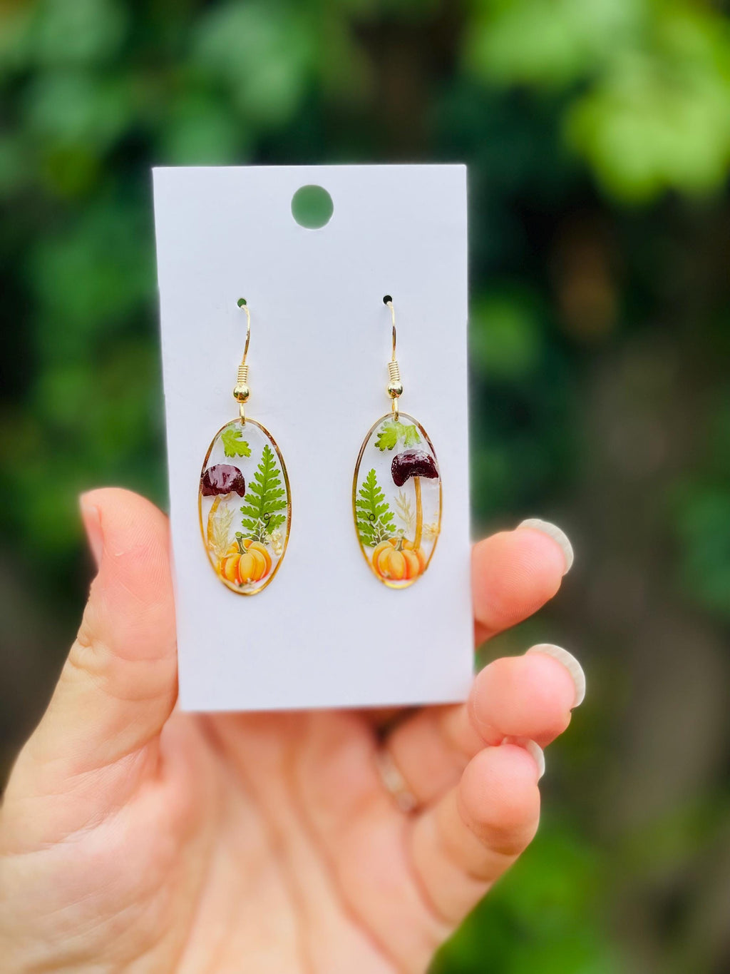 14K Gold Resin Dangle Earrings: Real Mushroom, Pumpkin, Fern & Flowers