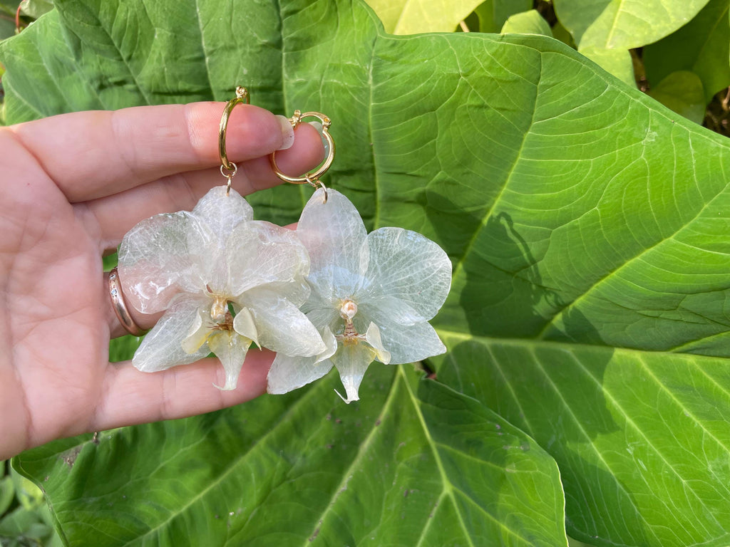 Real Orchid Earrings: Gold Hoop Earrings Resin, Unique White Wedding Bridal Jewelry