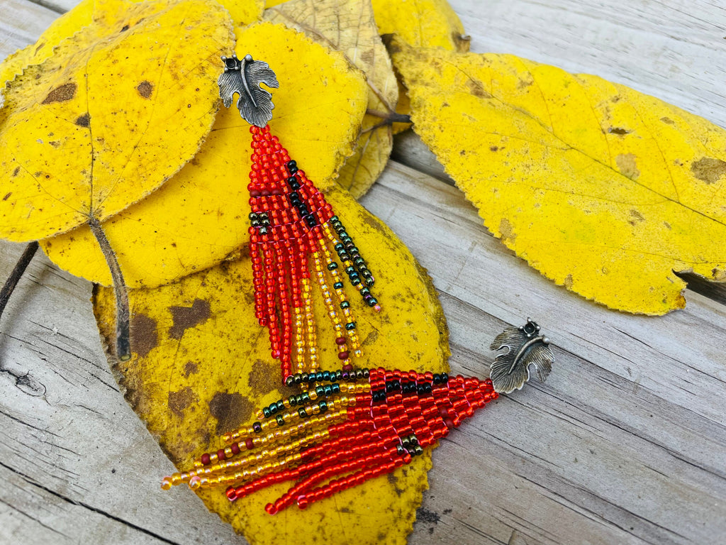 Unique handmade earrings, Burnt orange gold statement earrings, Leaf stud earrings big, Long seed beaded Fringe earrings, jewelry for her