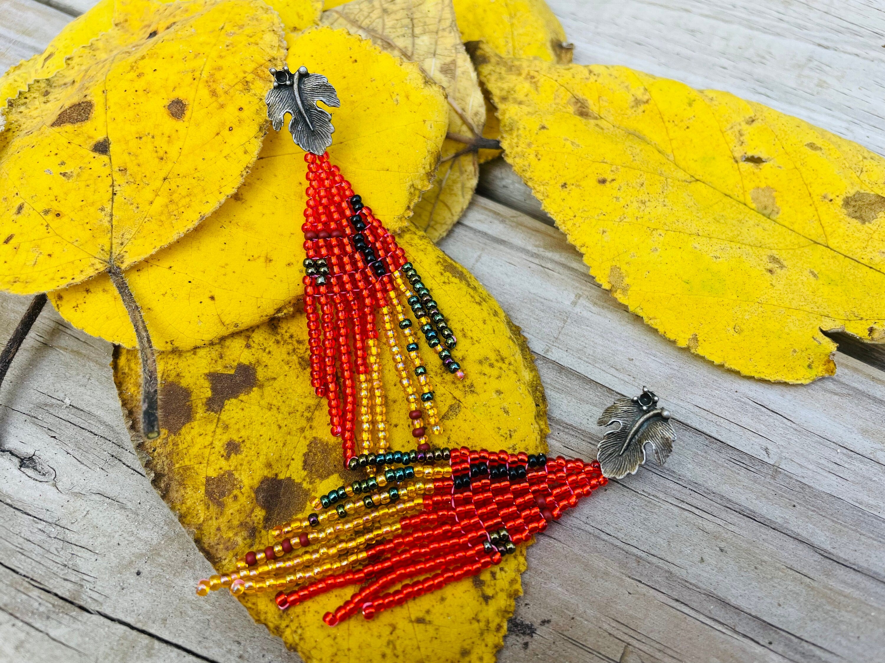 Unique handmade earrings, Burnt orange gold statement earrings, Leaf stud earrings big, Long seed beaded Fringe earrings, jewelry for her