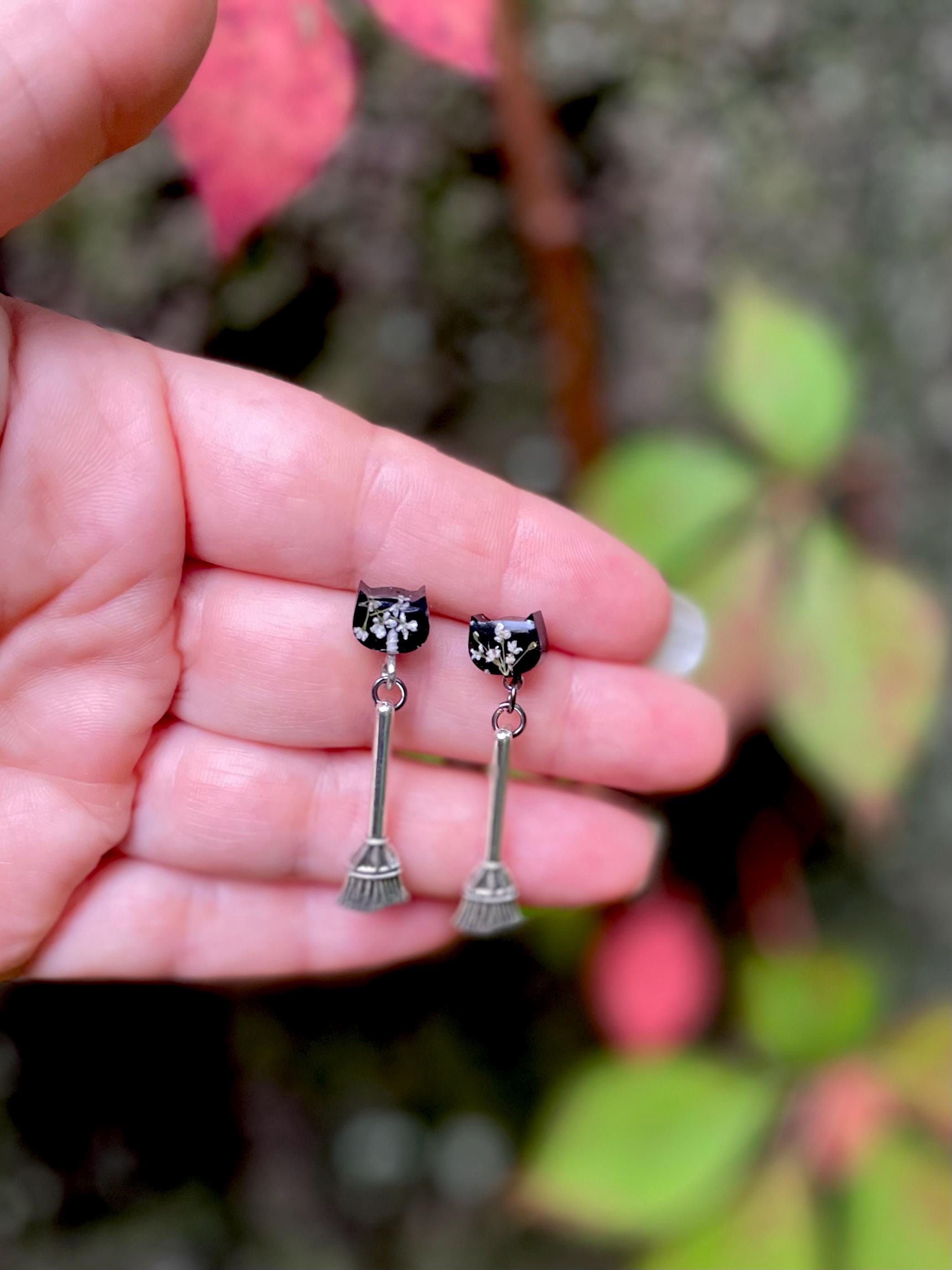 Antique Silver Witch Broom and Resin Black Cat Halloween Stud Earrings with Pressed Flowers