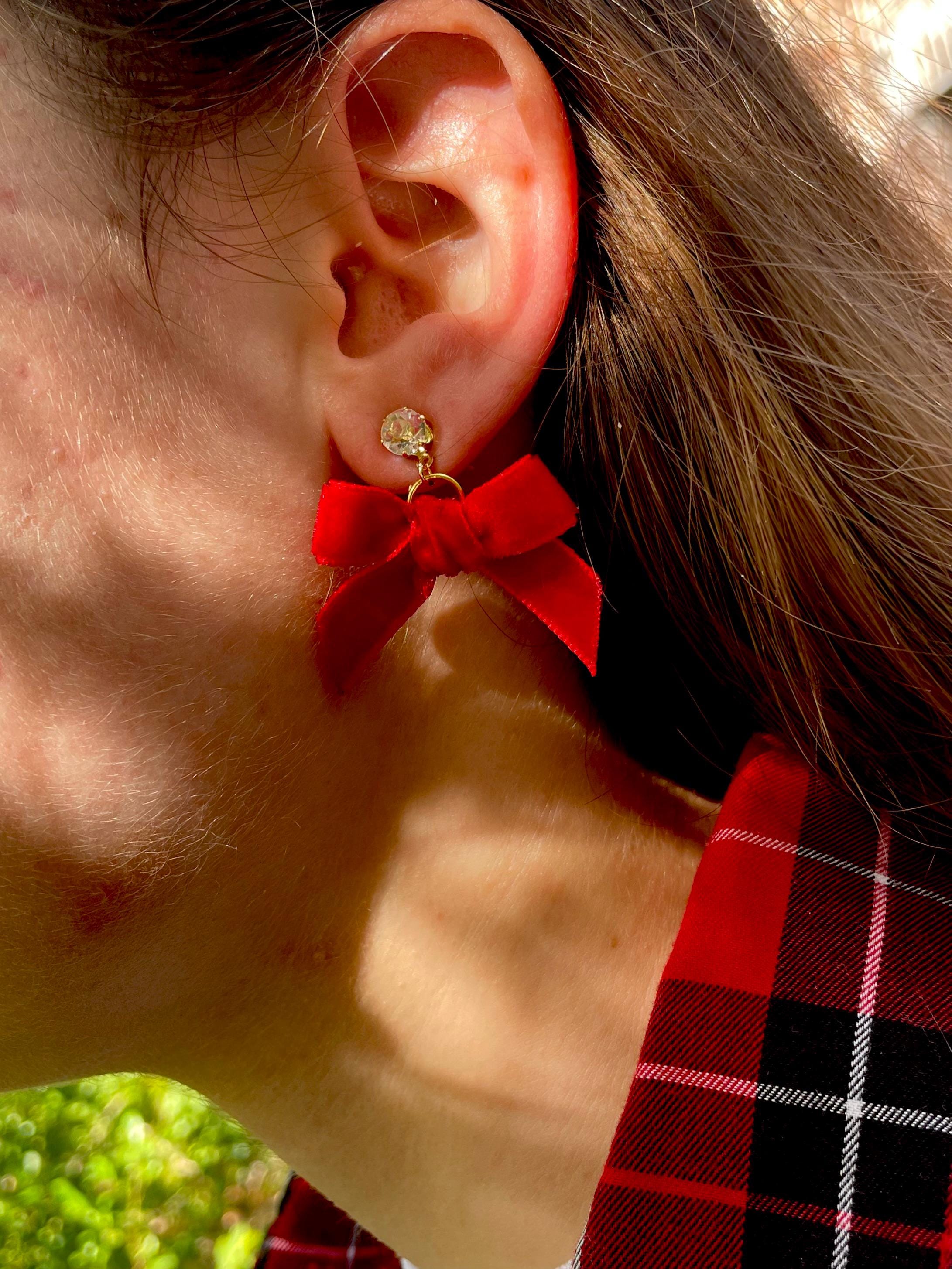 Red Velvet Bow Christmas Earrings: Handmade Holiday Jewelry