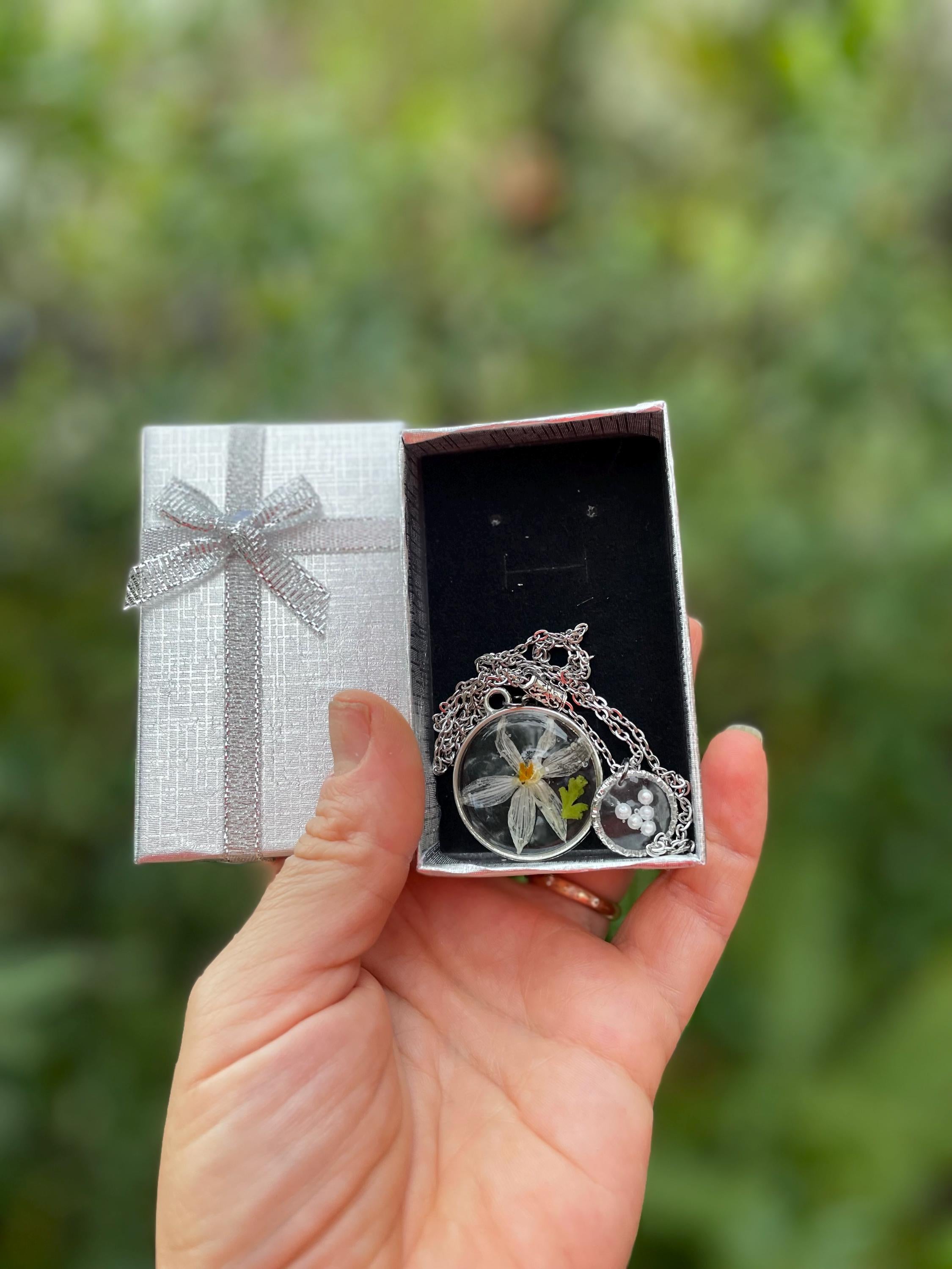 December Birth Flower Necklace: Handmade Narcissus, Personalized Initial, Pearl Resin Pendant