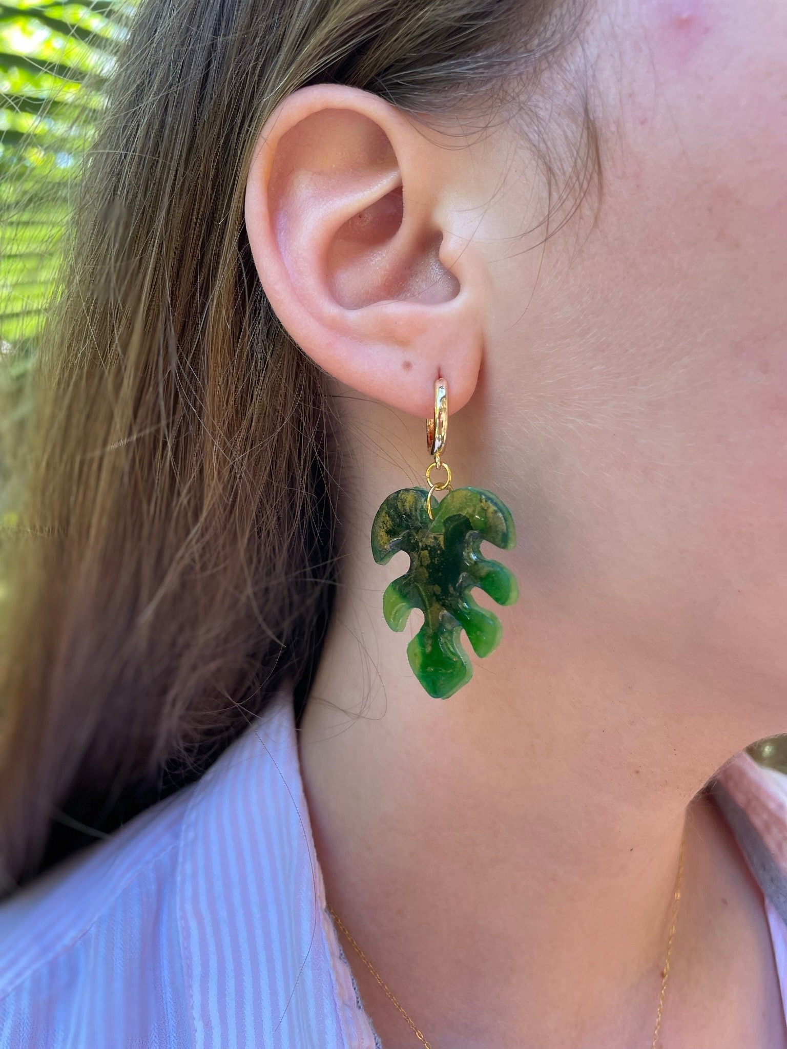 Tropical Island Style Monstera Leaf Earrings, Gold Hoop huggie earrings Cool Summer Jewelry Beach Wedding Maximalist Polymer Clay Earrings