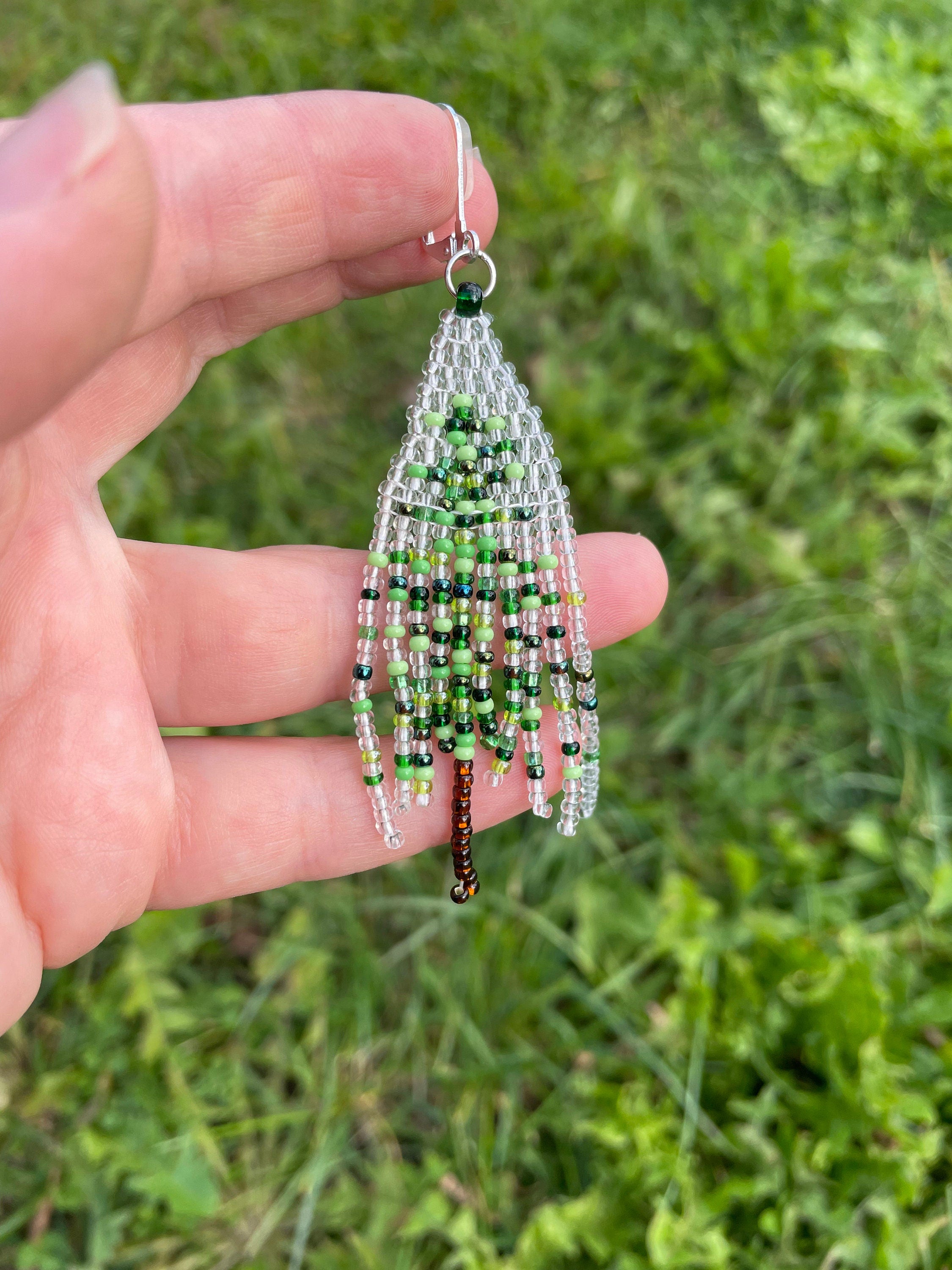 Christmas earrings dangle, Abstract Beaded Fringe earrings, Christmas tree seed bead earrings Green transparent Long earrings Boho Handmade