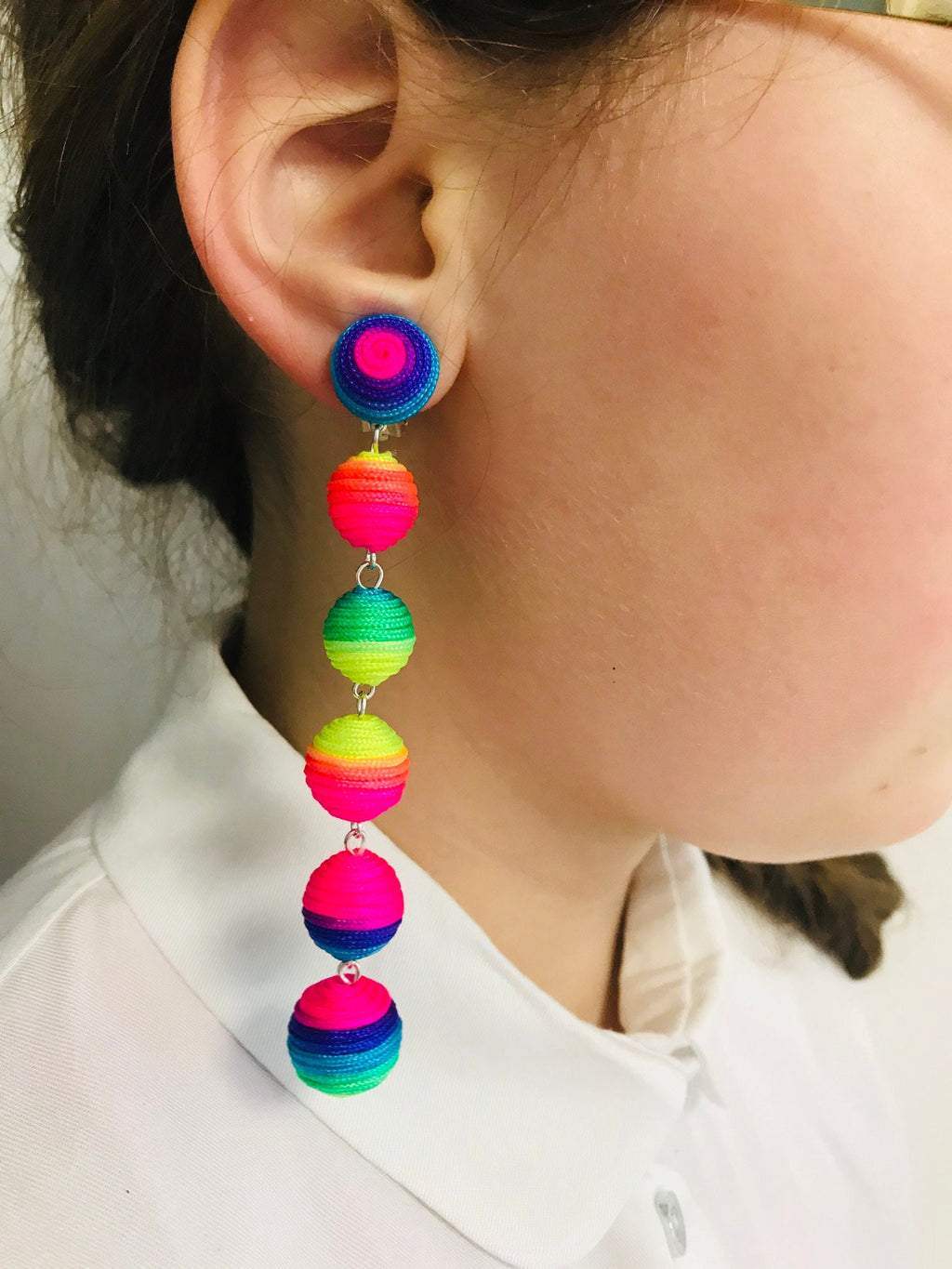 Rainbow earrings. Extra long colorful earrings, 6 ball clip on earrings dangle, Silk drop ball earrings, Statement bon bon earrings
