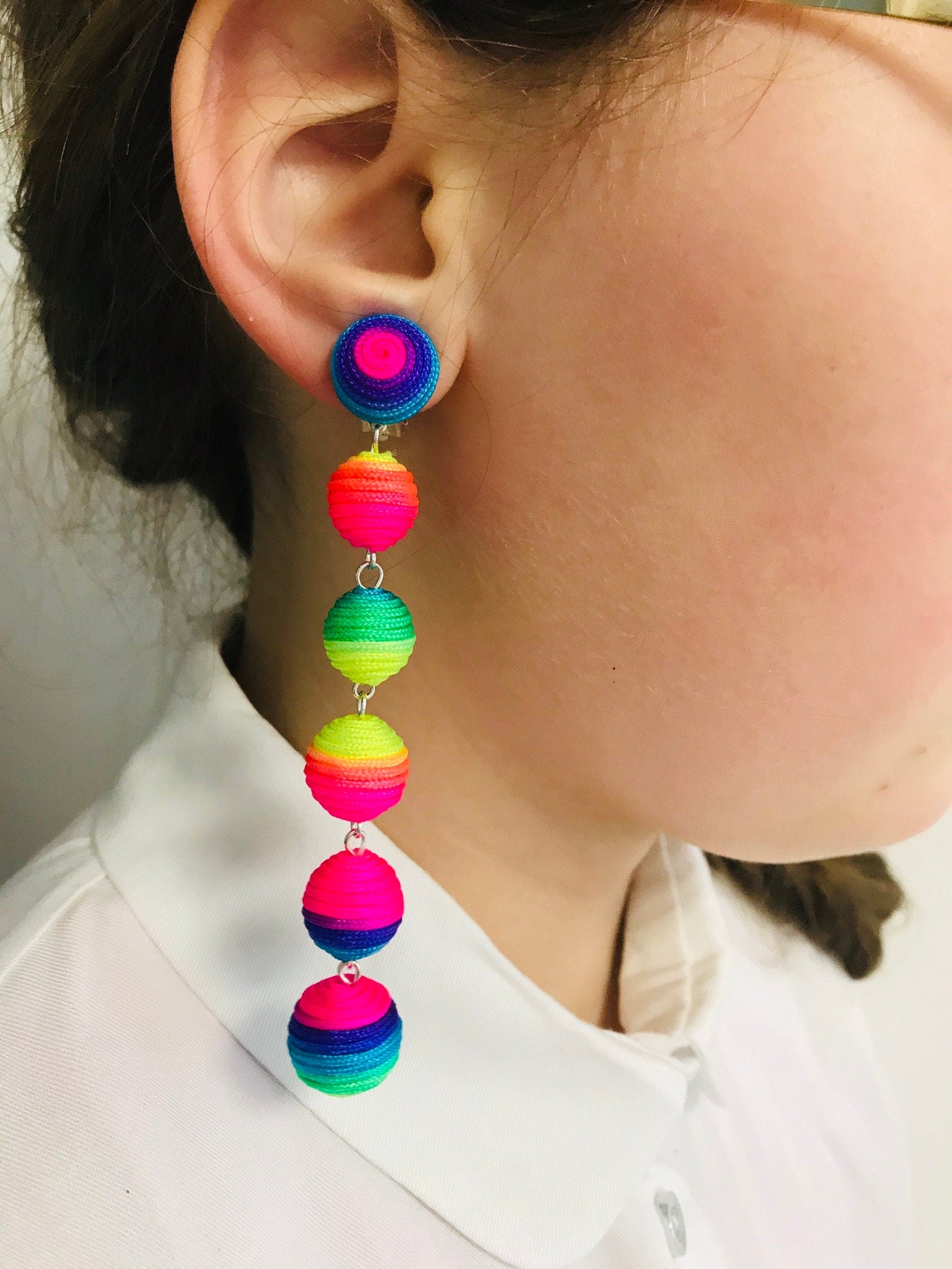 Rainbow earrings. Extra long colorful earrings, 6 ball clip on earrings dangle, Silk drop ball earrings, Statement bon bon earrings