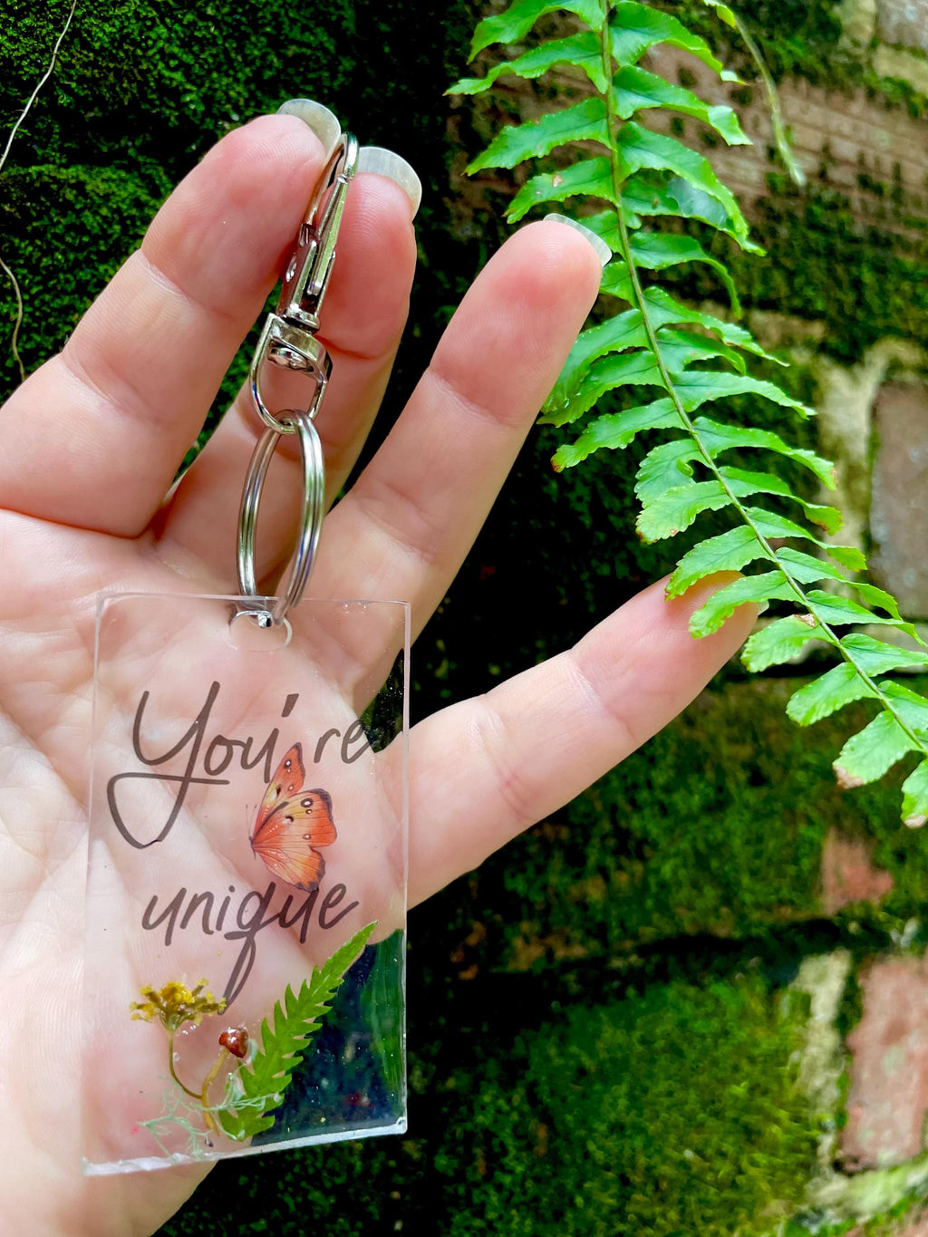 Resin Keychain: Real Mushroom, Fern & Wildflower Purse Charm