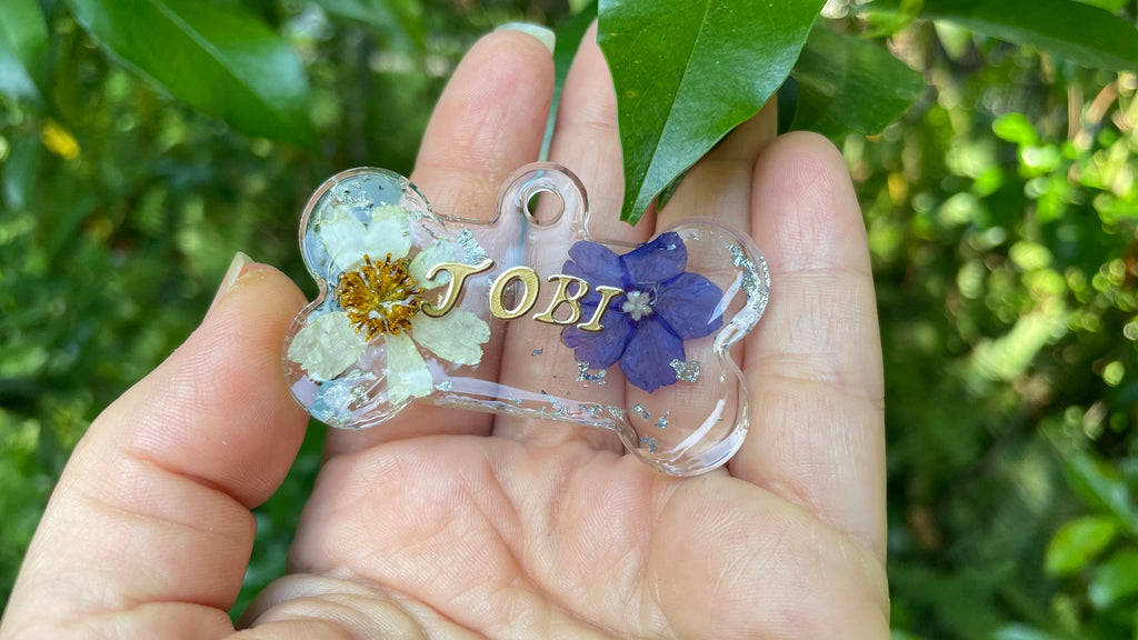 Custom Birth Flower Pet Tag: Resin Dog Name Tag, Forget-Me-Not