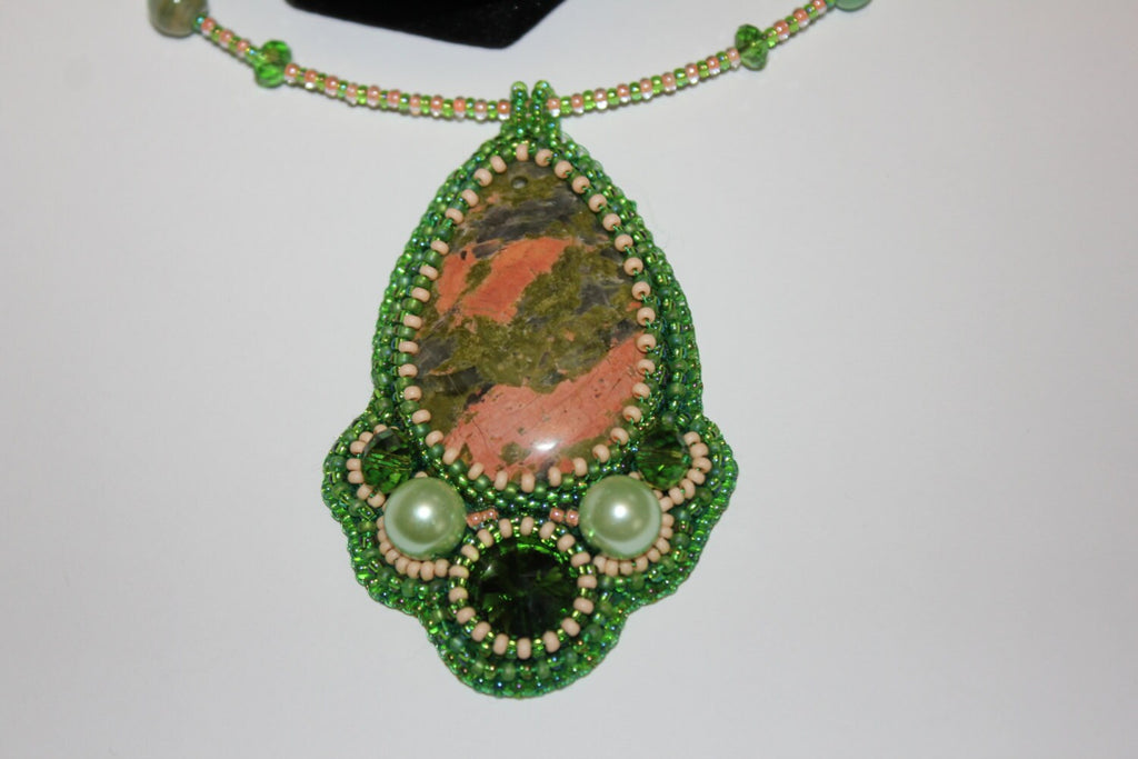 Unakite pendant crystal necklace unique, fertility crystal gift wife, beaded embroidered gemstone chakra jewelry for her, Mothers day gifts