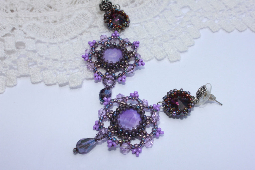 Amethyst Swarovski Crystal Earrings, Purple Mother of Pearl Beaded Chandelier Earrings