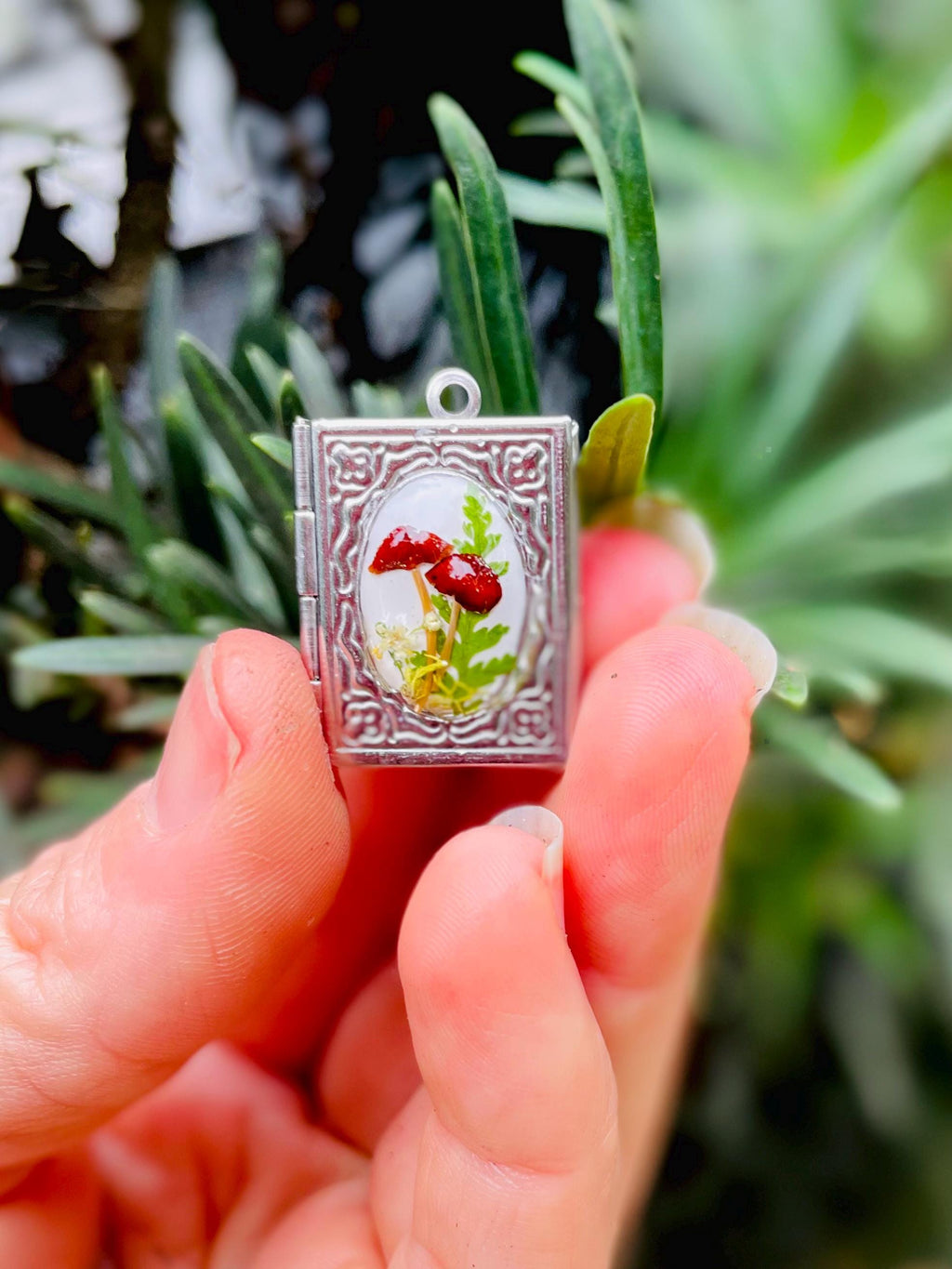 Mushroom Book Silver Locket Necklace with Photo: Custom Lock of Hair Memorial Keepsake Jewelry