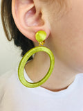 Chartreuse green Oversize hoop earrings, big hoops clip on, statement laser cut wooden studs, trendy fashion jewelry, olive green earrings