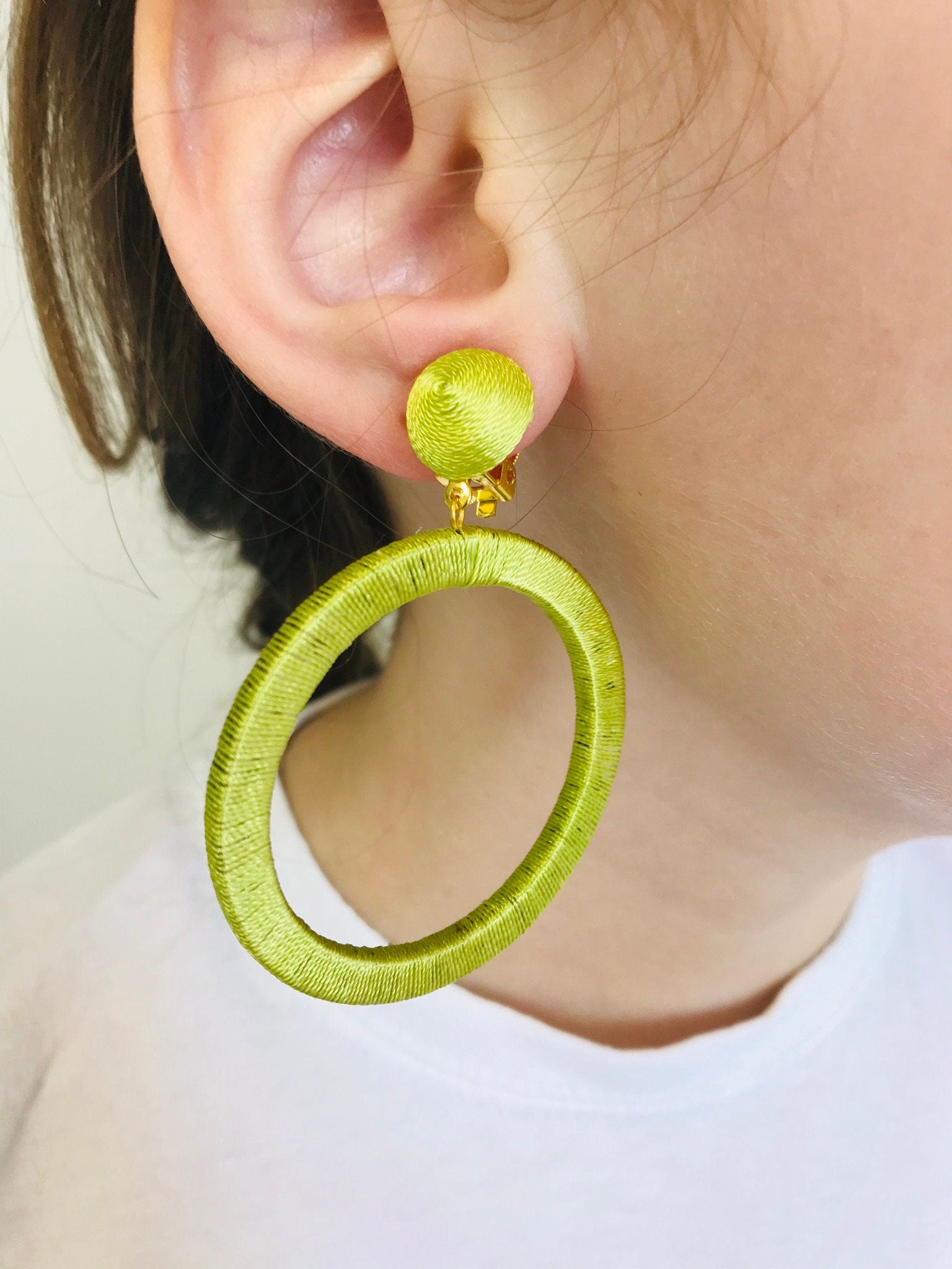 Chartreuse green Oversize hoop earrings, big hoops clip on, statement laser cut wooden studs, trendy fashion jewelry, olive green earrings