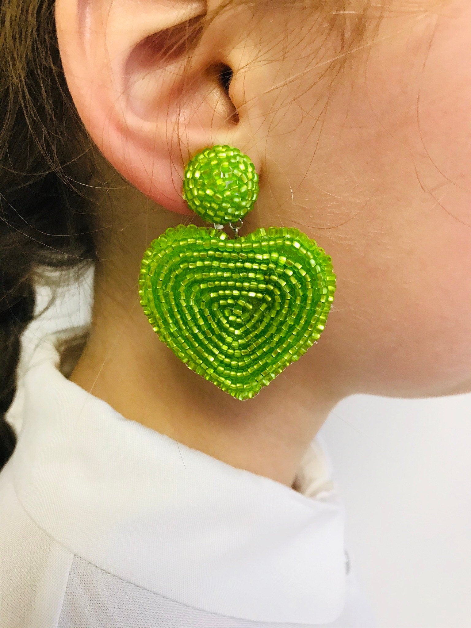 Valentine Earrings. Heart earrings Women's Drop clip-on Earrings handmade beaded earrings Floral drop sequins earrings blue heart earrings