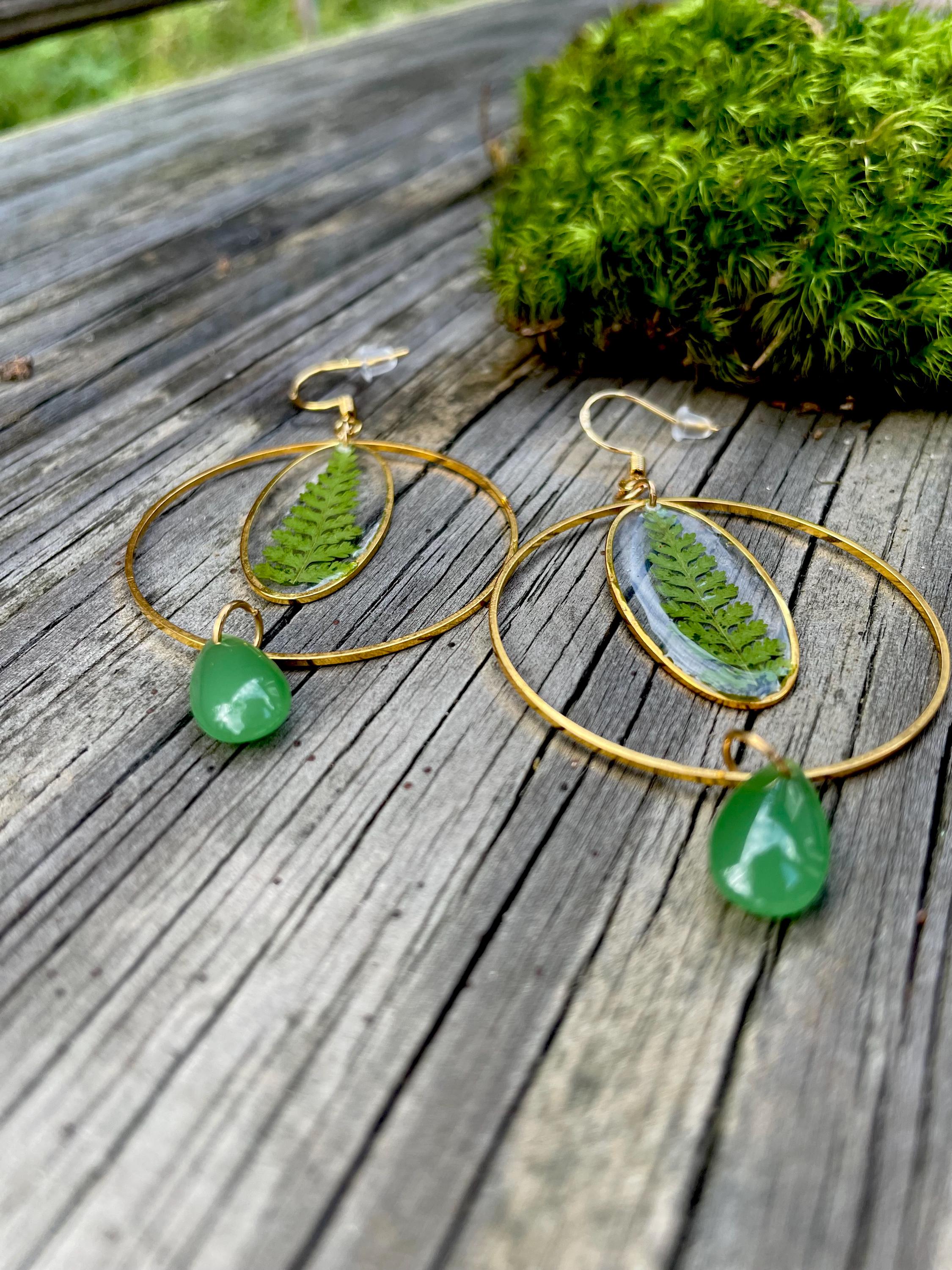 Gold Green Fern Hoop Christmas Earrings: Clip-On/Post Options | Tree-Inspired Design