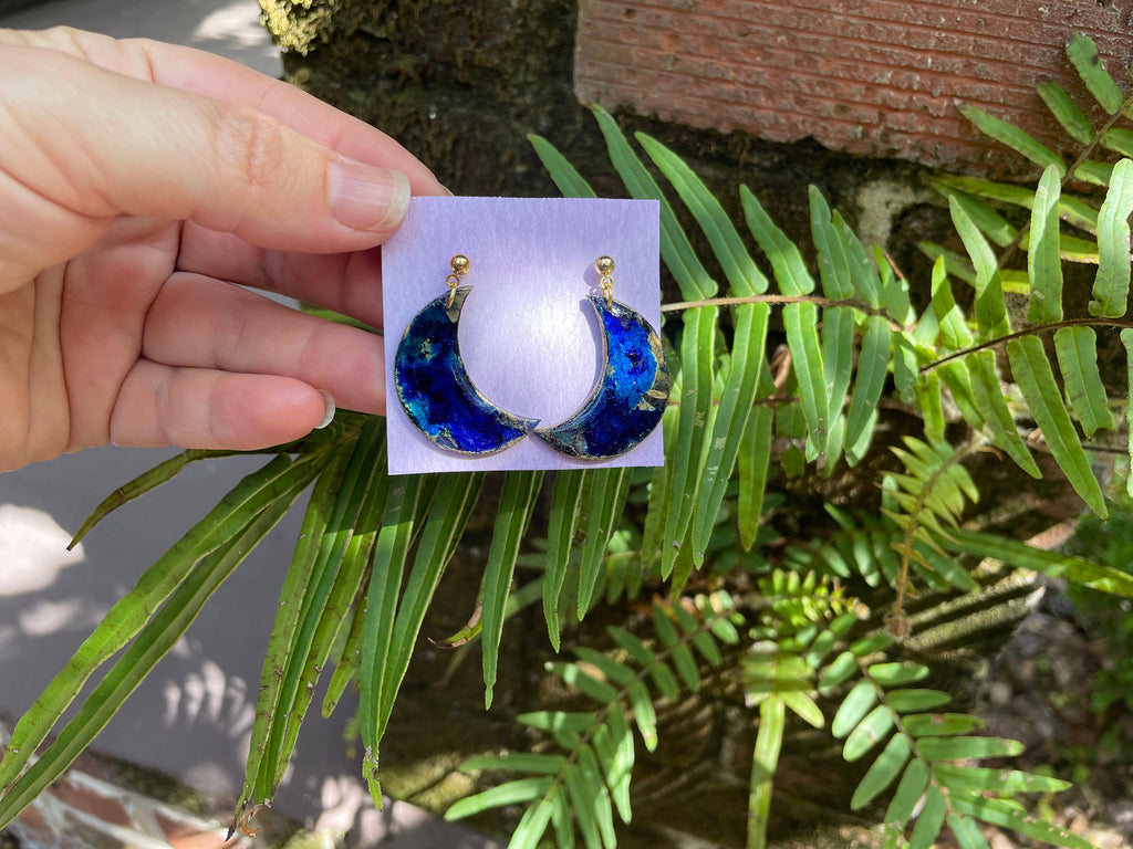 Galactic Blue Gold Moon and Star Clay Earrings Mismatched: Unique Handmade Astrology Jewelry