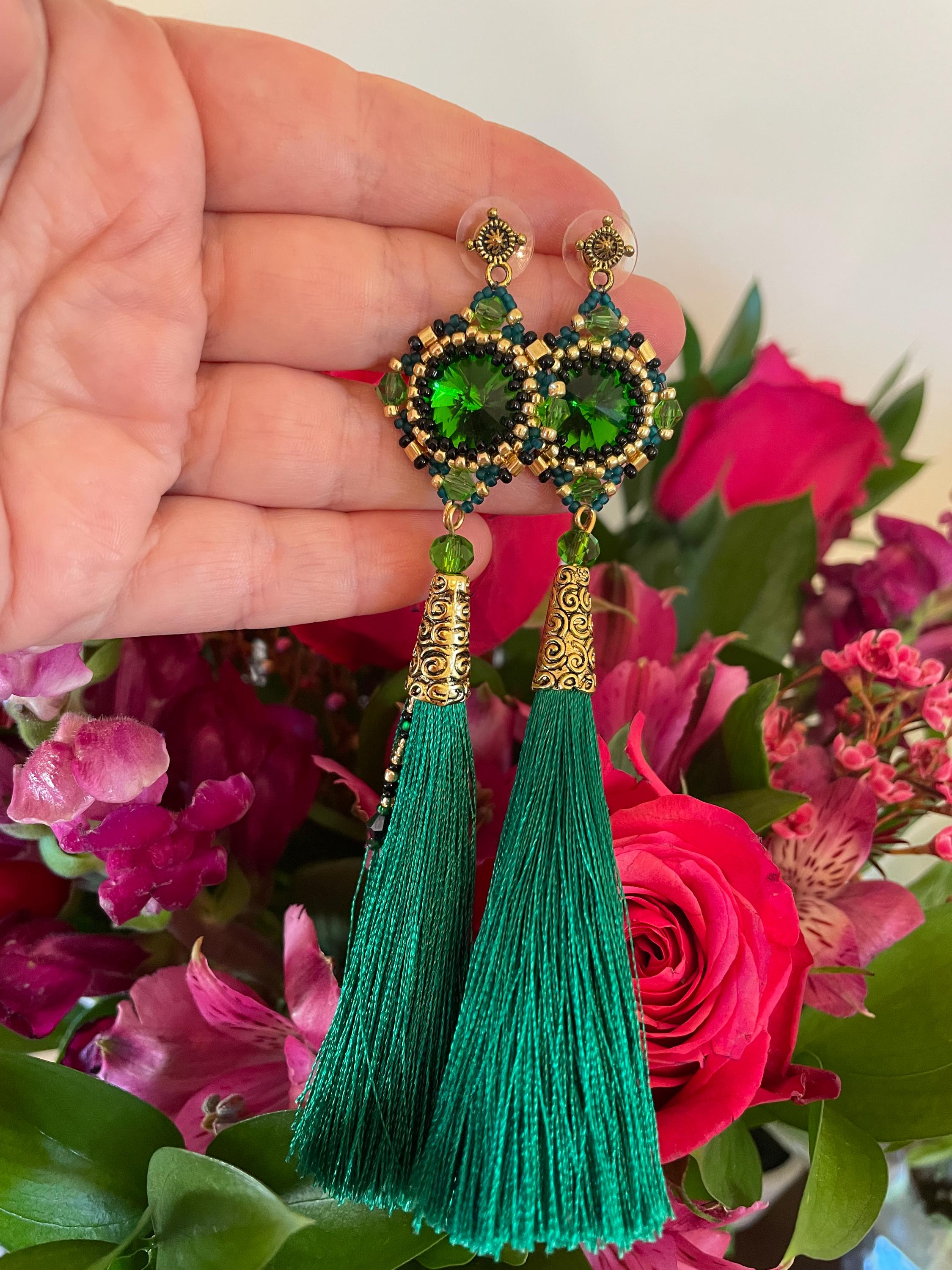 Handmade Emerald Green Swarovski Crystal Silk Tassel Earrings for Women 3-6 inch Long Custom Tassel Color