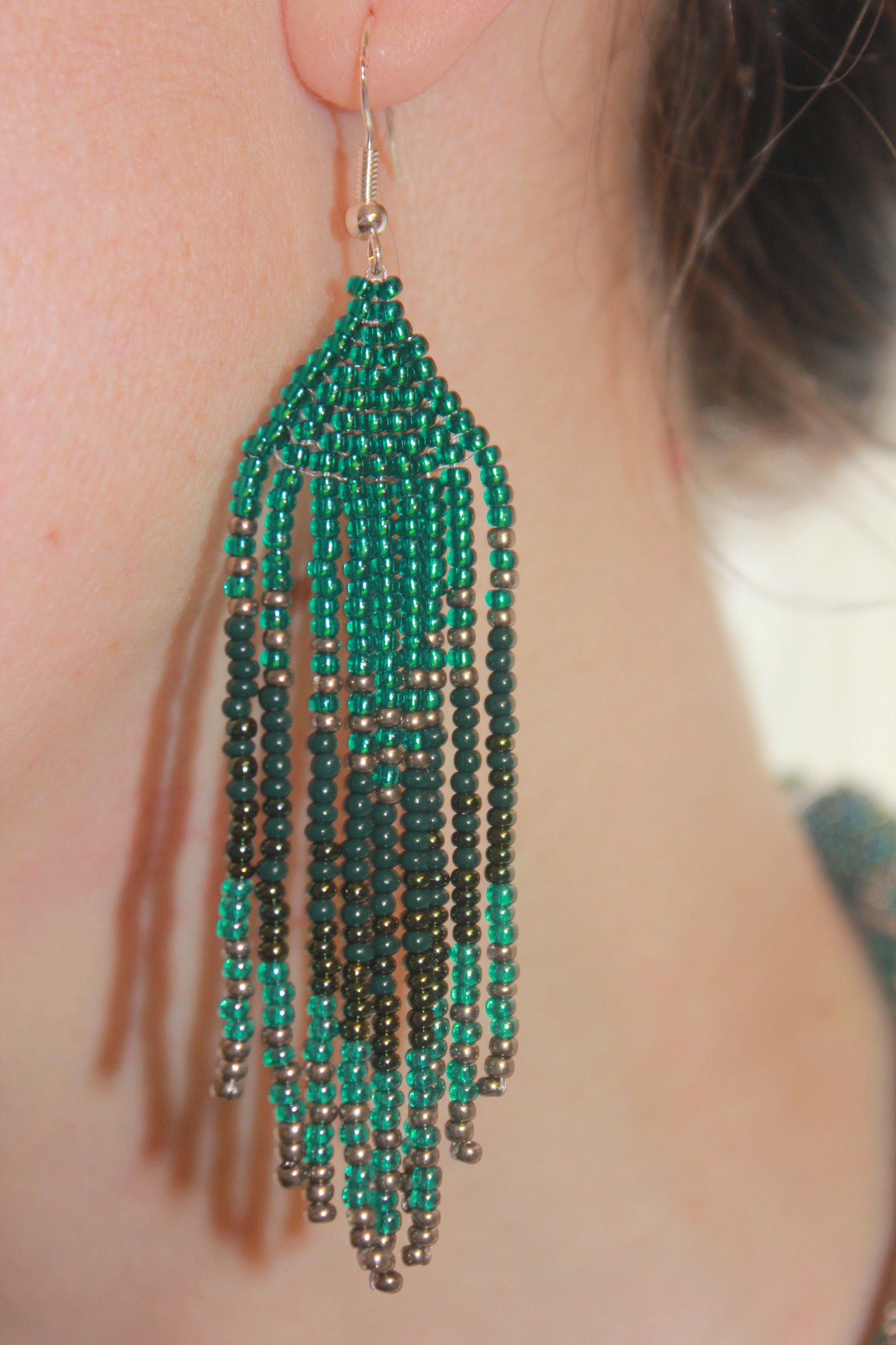 Patina Blue beaded Earrings Long Fringe Ombre Seed bead dangle earrings gift for her mom Chandelier Forest statement earrings