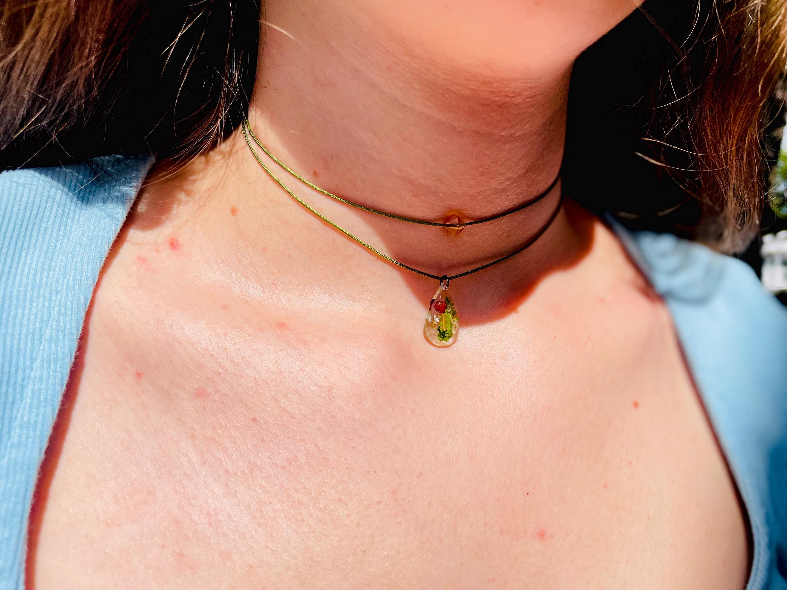 Woodland Mushroom Necklace | Dainty Citrine Bead Double Layered Charm Necklace | Fall Cottagecore Hippie Jewelry | Handmade Gift for Her