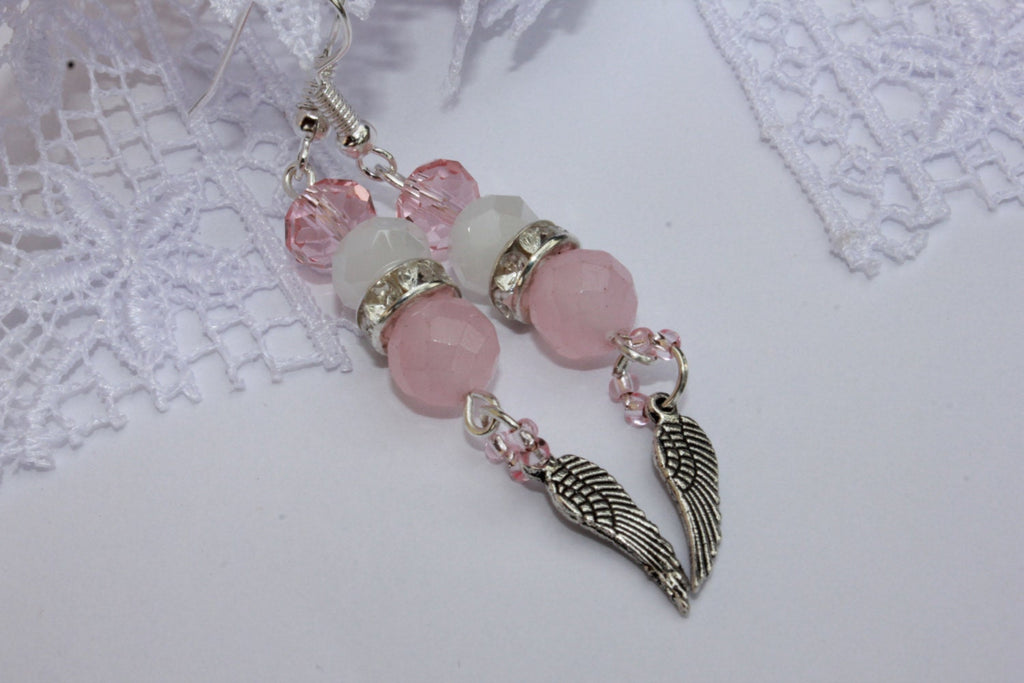 October Birthstone Rose Quartz Angel Wing Dangle Earrings: Pink Sterling Silver Bridal jewelry Libra gifts