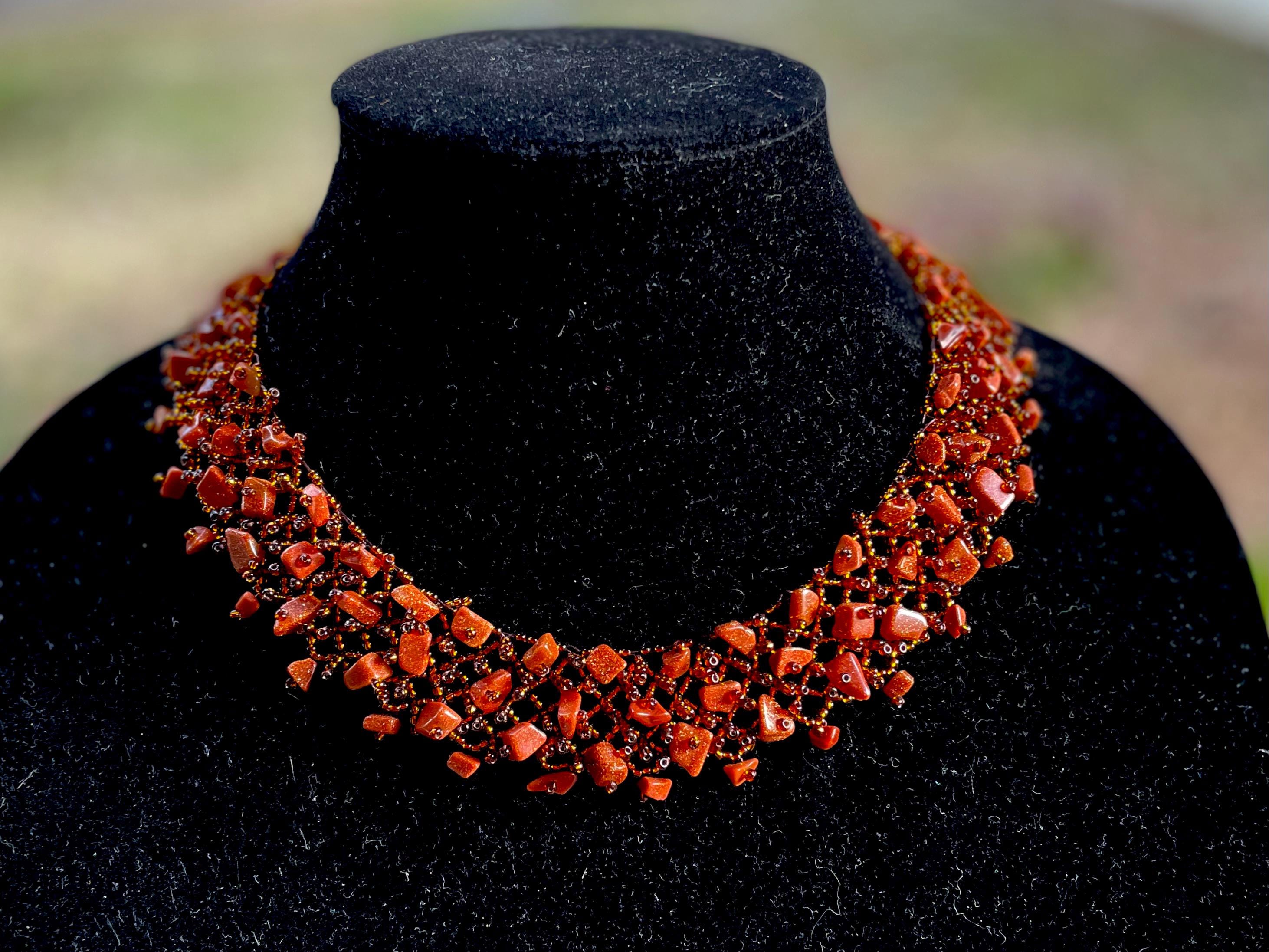 Goldstone Choker Necklace: Multi Strand Crystal Collar, Prom Bridal Jewelry
