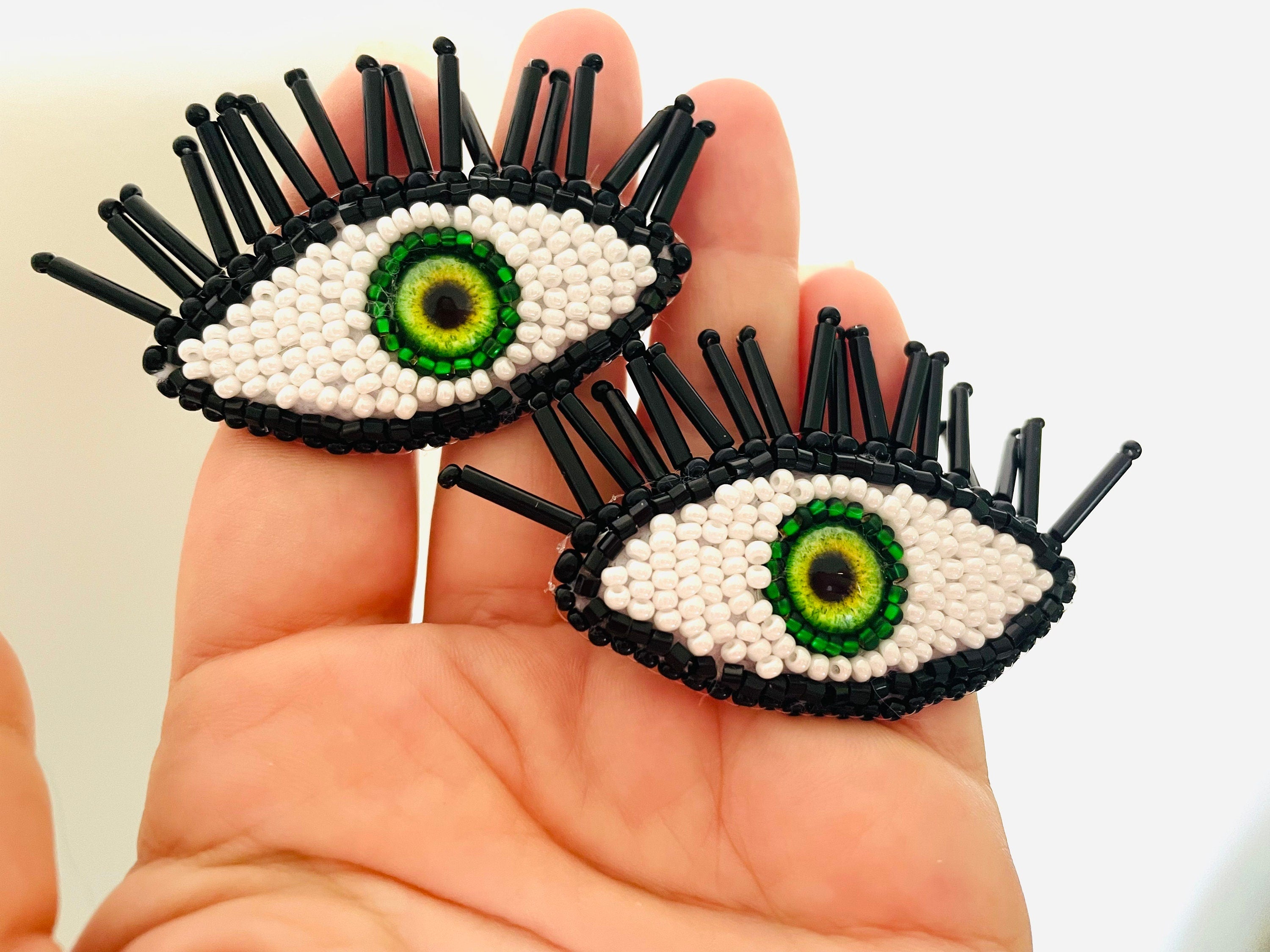 Halloween party Evil eye earrings, Blue green large evil eye earrings clip-on, beaded earrings, Tasseled eye drop protection earrings