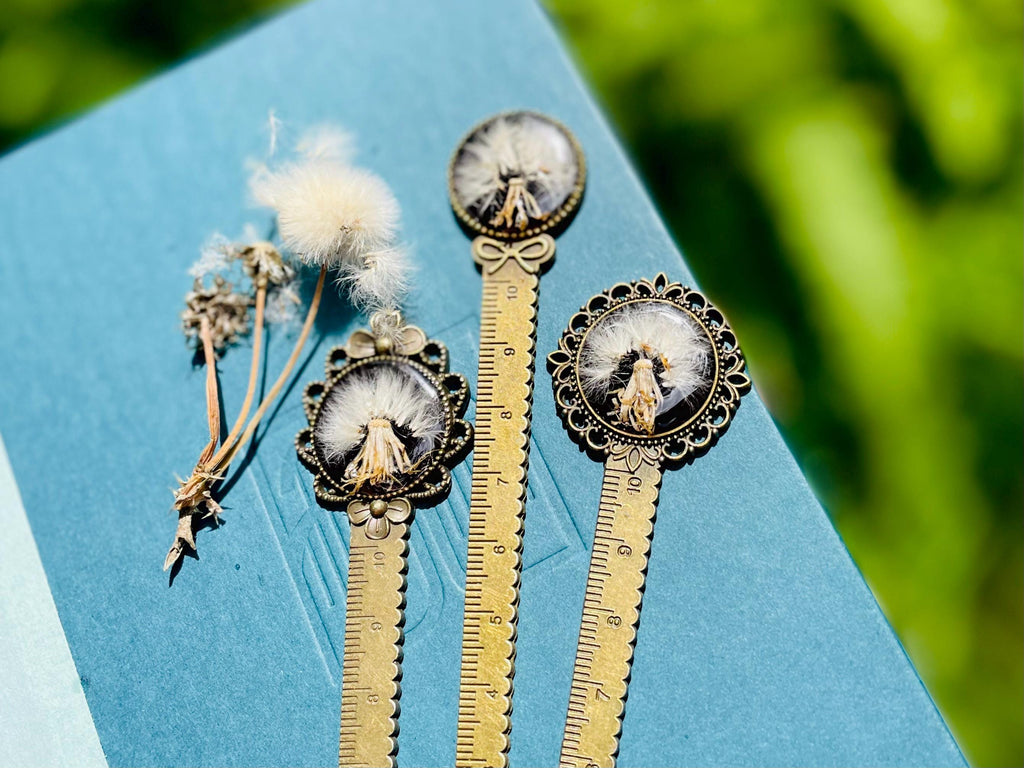 Real Dandelion Bookmark: Bronze Metal Ruler, January Birth Flower Black Gothic Bookish Gifts