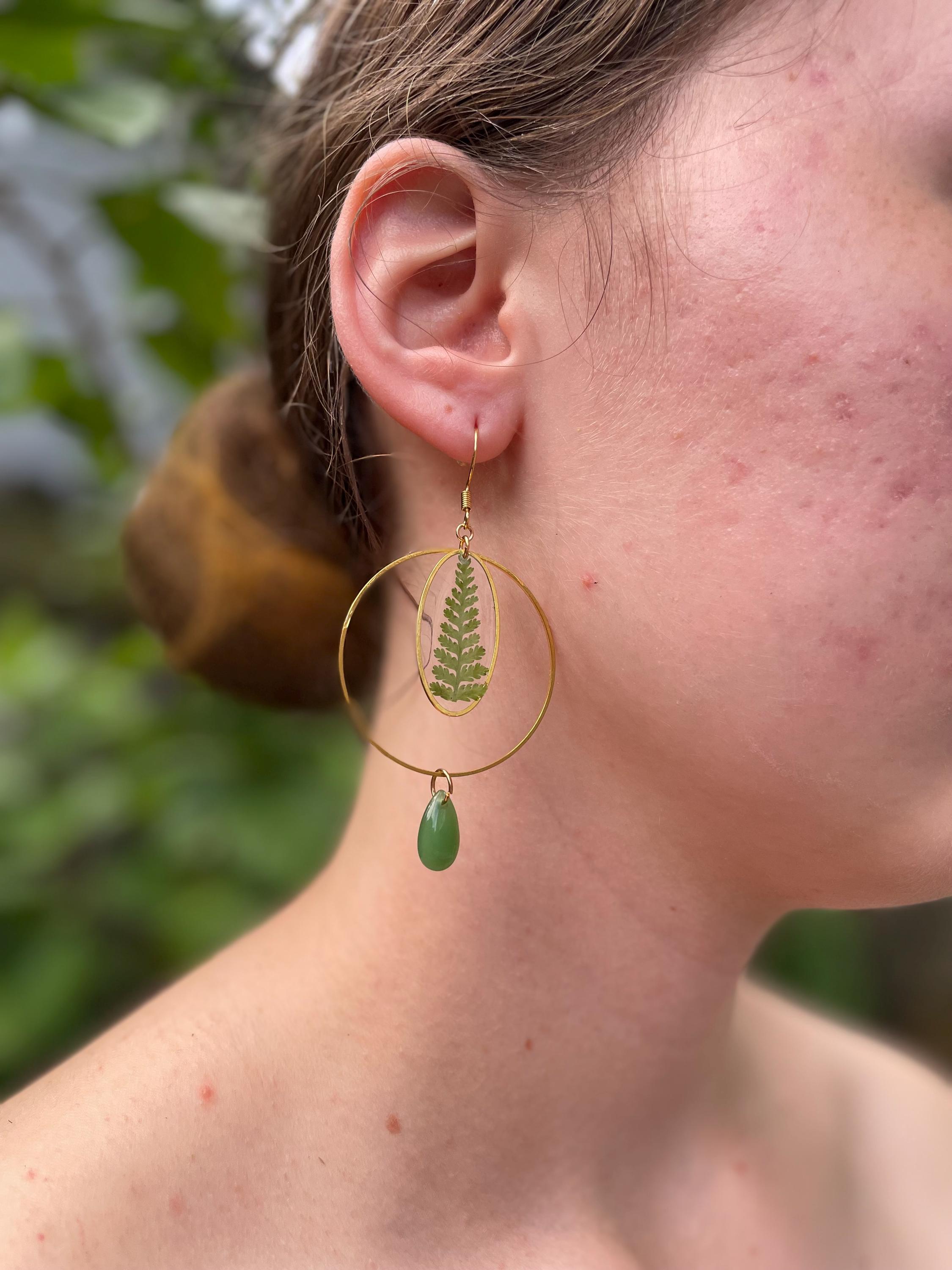 Gold Green Fern Hoop Christmas Earrings: Clip-On/Post Options | Tree-Inspired Design