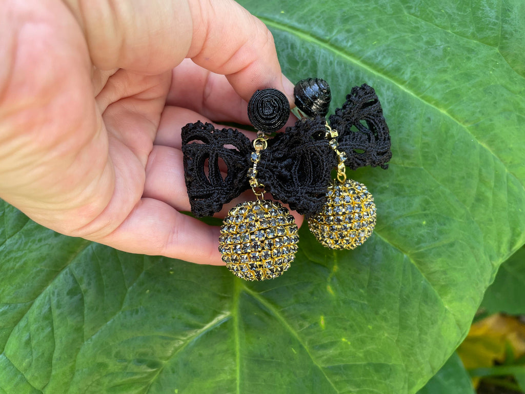 Rhinestone wrapped ball with velvet lace bowknot bonbon earrings, Black bow and gold sphere clip-on earrings, Knotty Bows gift for her