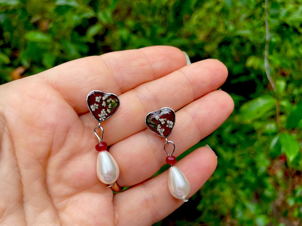 Silver Garnet Heart Earrings: Antique Wildflower Pearl Drop Jewelry January Birthstone