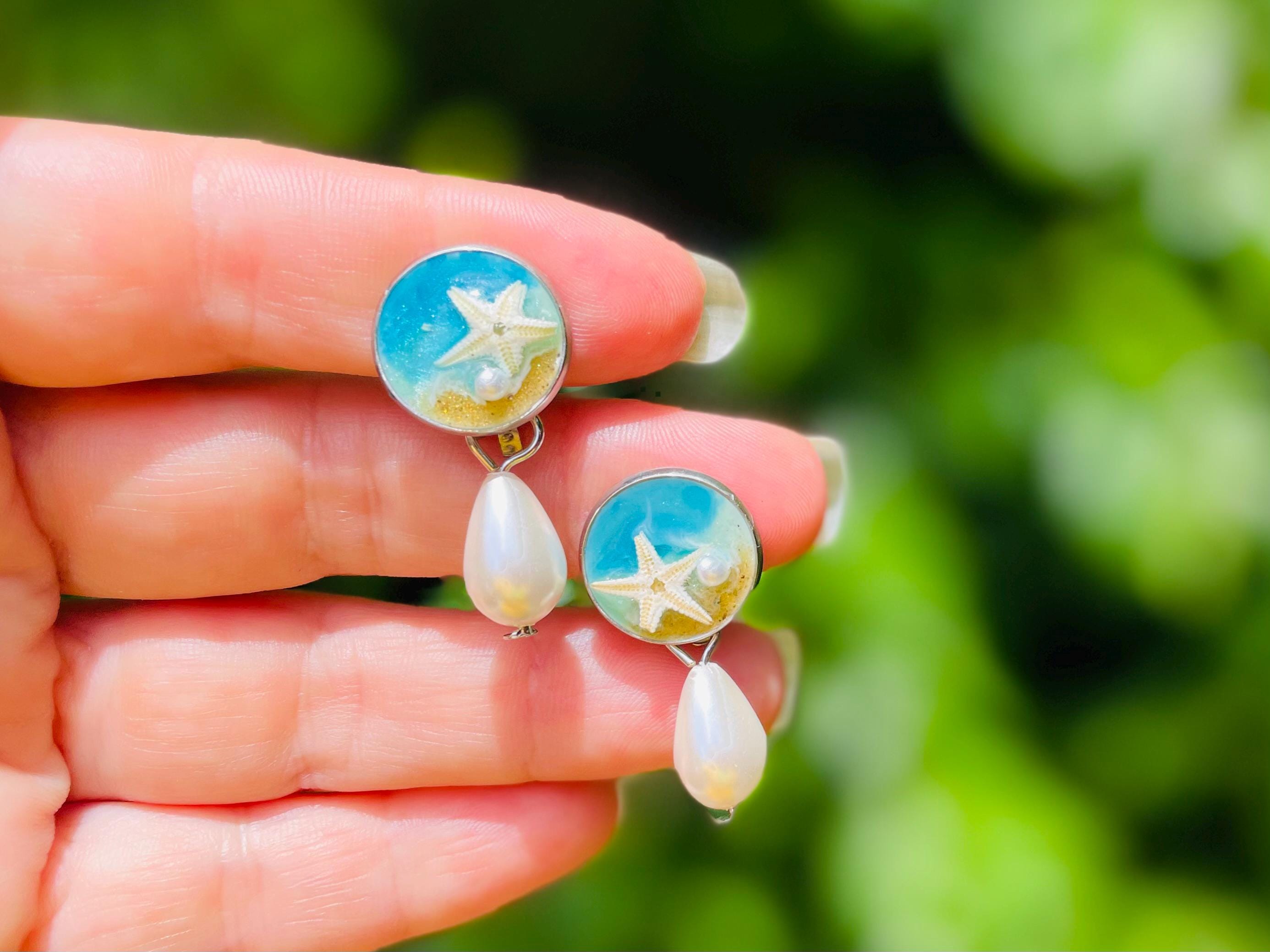 Real Starfish Resin Dangle Earrings: Seashell & Pearl, Ocean Theme