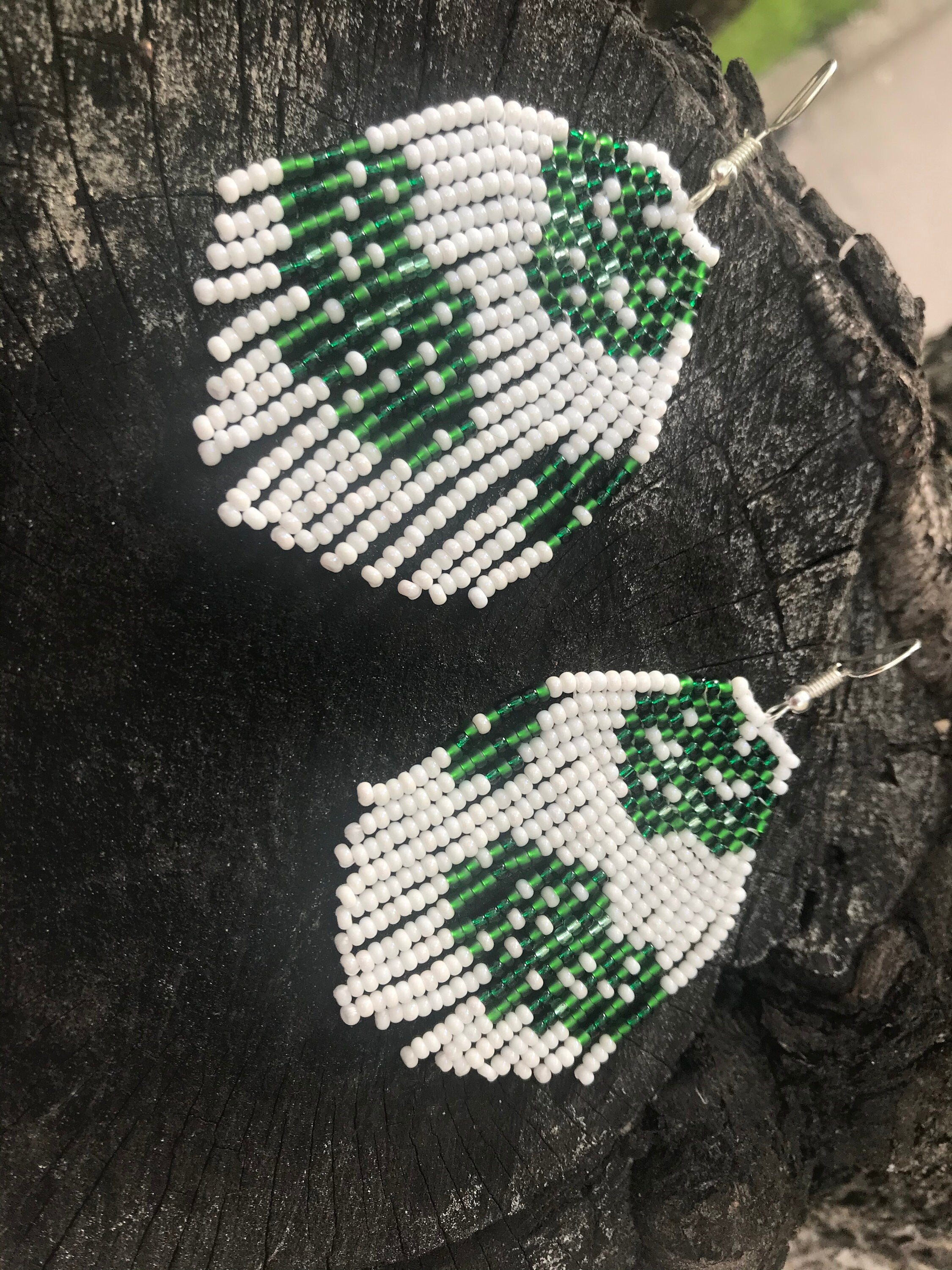 Monstera leaf earrings, native American jewelry, native beaded earrings, beaded fringe earrings, Bohemian Wedding Earrings, girlfriend gift
